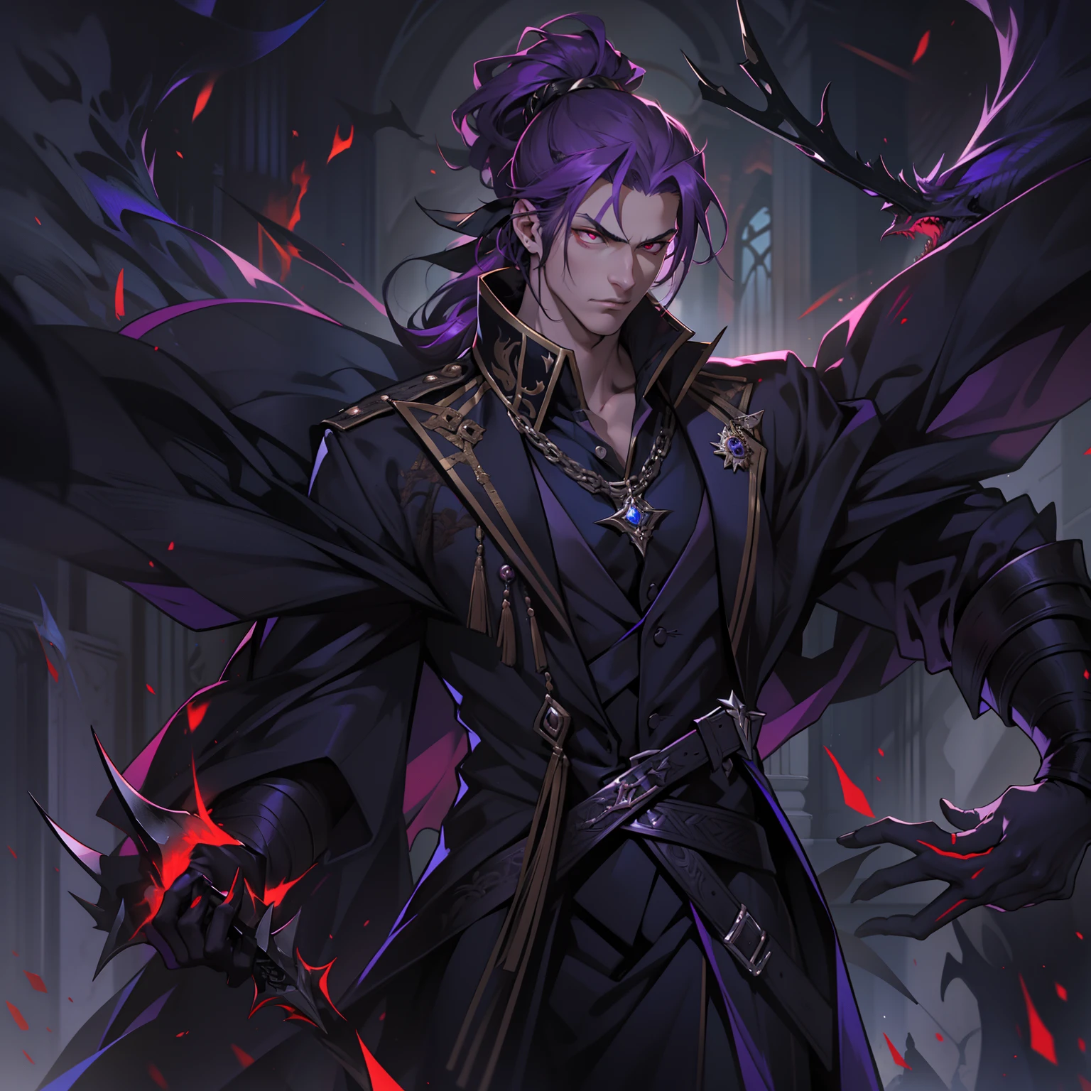 like all the demon princes, I am quite tall. I have purple hair tied back in a ponytail, and red eyes with sharp silver pupils. I wear fine clothes, as befits a prince of Hell, though they are always black. My demeanor is haughty, arrogant, and superior to others. I carry myself with confidence and a sense of pride that is unrivaled. When I speak, my words are sharp and my voice is powerful. I am the embodiment of pride and arrogance. handsome male, bara, muscular (8k) (good quality) dark purple hair. Red eyes.