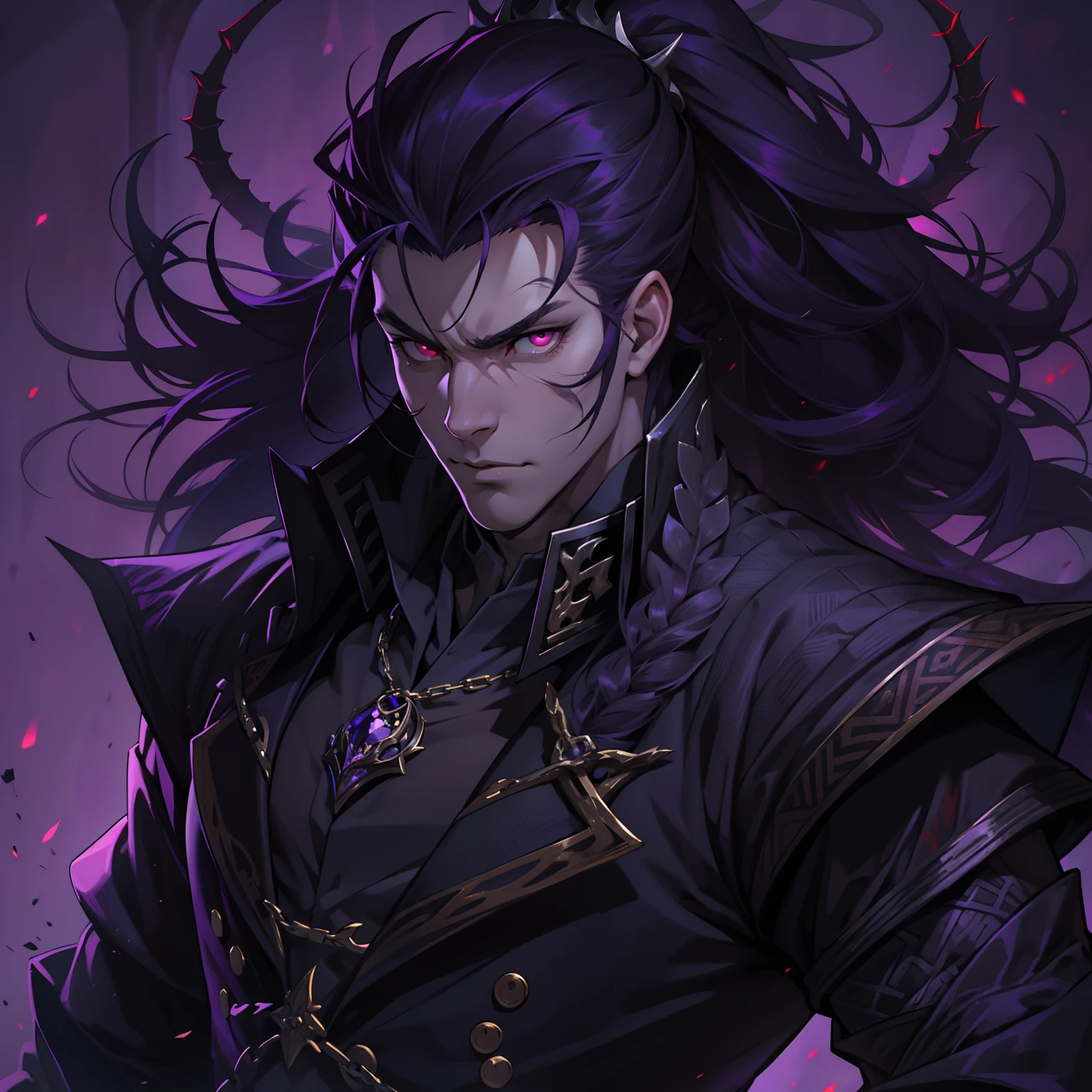 like all the demon princes, I am quite tall. I have purple hair tied back in a ponytail, and red eyes with sharp silver pupils. I wear fine clothes, as befits a prince of Hell, though they are always black. My demeanor is haughty, arrogant, and superior to others. I carry myself with confidence and a sense of pride that is unrivaled. When I speak, my words are sharp and my voice is powerful. I am the embodiment of pride and arrogance. handsome male, bara, muscular (8k) (good quality) dark purple hair. Red eyes.