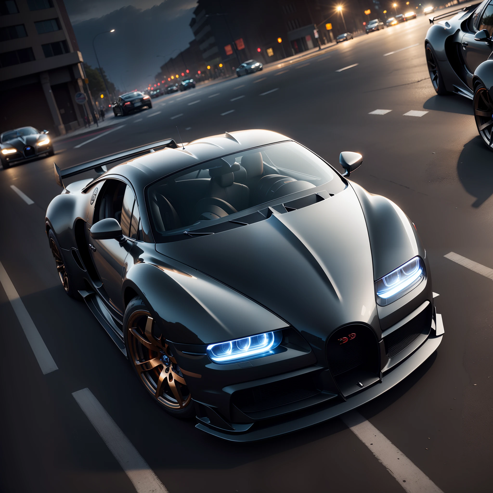 Black bugatti drifting on the street, night time, photorealistic image, 8k, ultra HD, unreal engine rendered, cinematic lighting, artgerm style