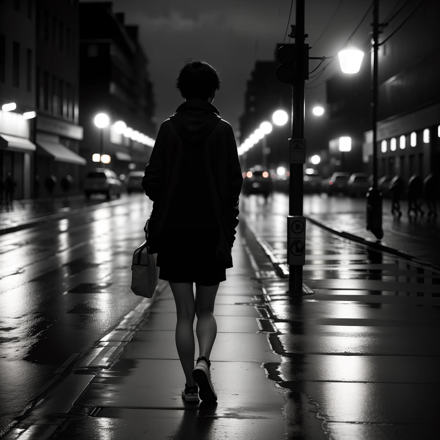 (Lonely teenager walking on the road,black andwhite,rainy days,streetview,Blurry light and shadow,Warm light,Gloomy mood,The city at night,Chilled atmosphere)