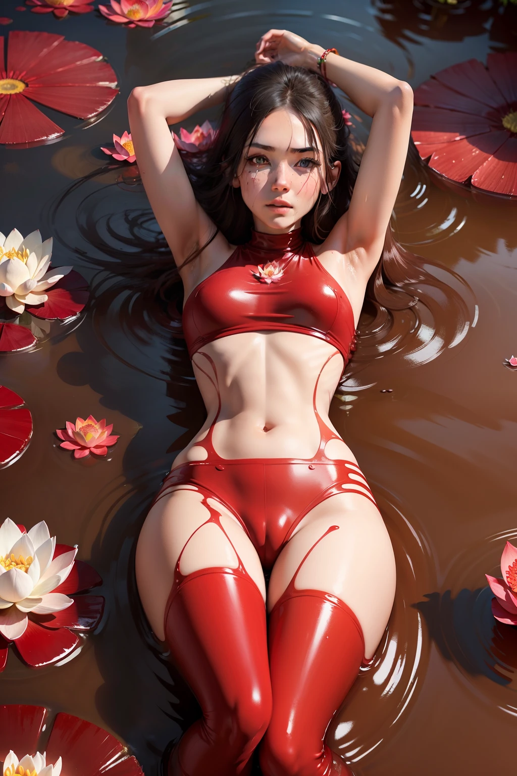 A Caucasian woman covered in red water,Lots of lotus flowers around,The ground was covered with red water,Reflecting the girl's figure