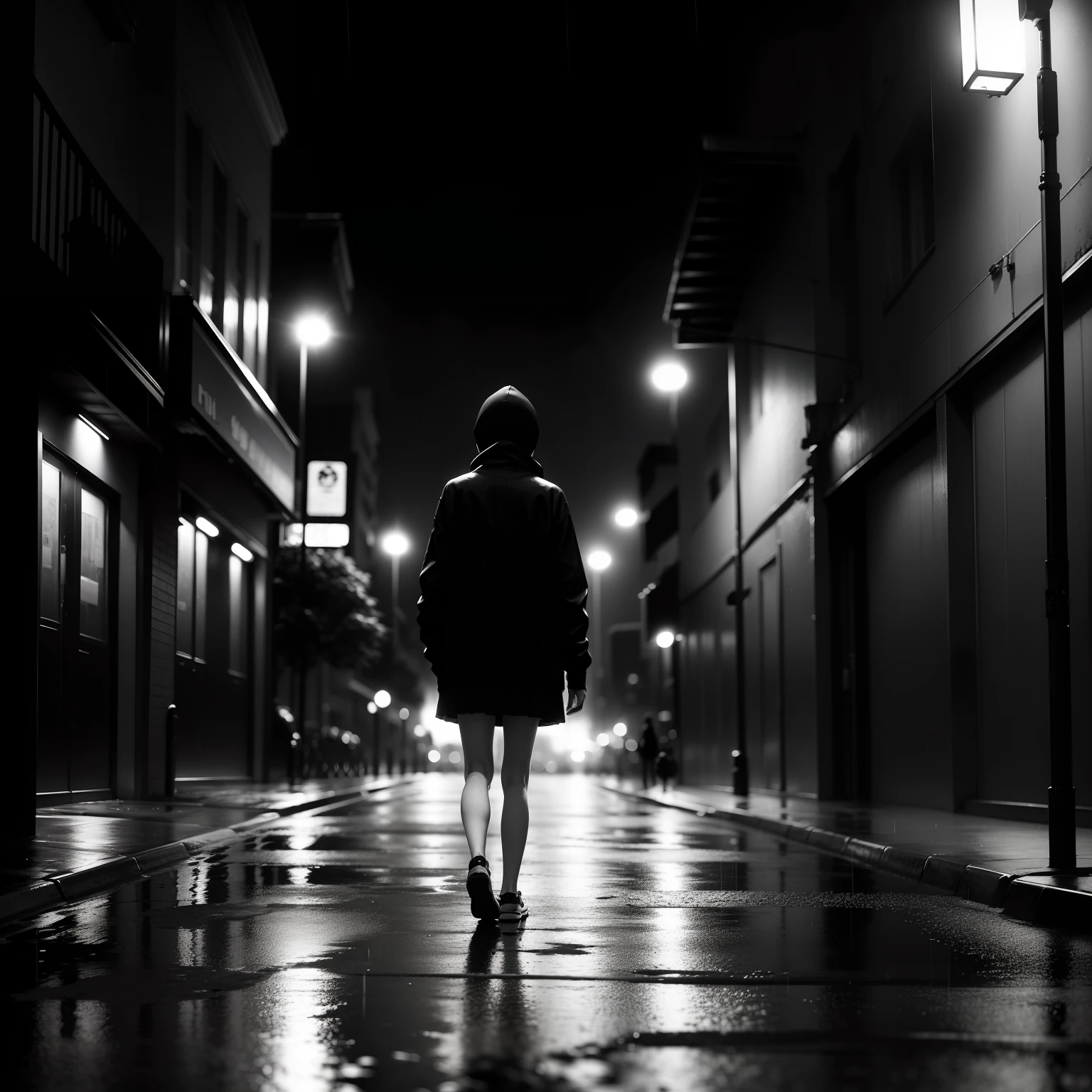 (Lonely teenager walking on the road,black andwhite,rainy days,streetview,Blurry light and shadow,Warm light,Gloomy mood,The city at night,Chilled atmosphere)