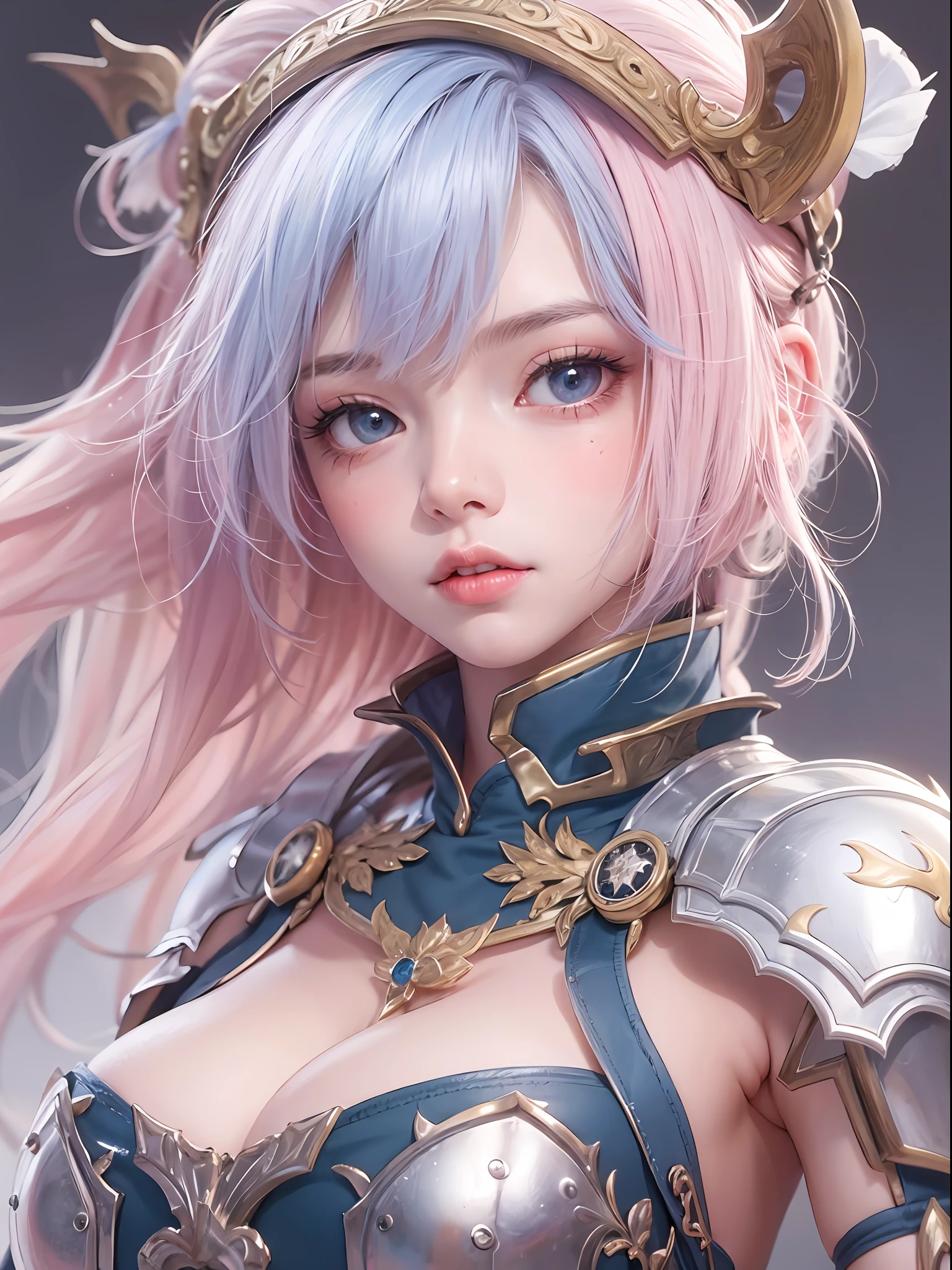 extremely details CG,super detailed skin,Medieval fantasy、Female knight,Light pink hair、★1girl in、cowboy shot、medium breasts、Light equipment、Blue inner、,ponytai