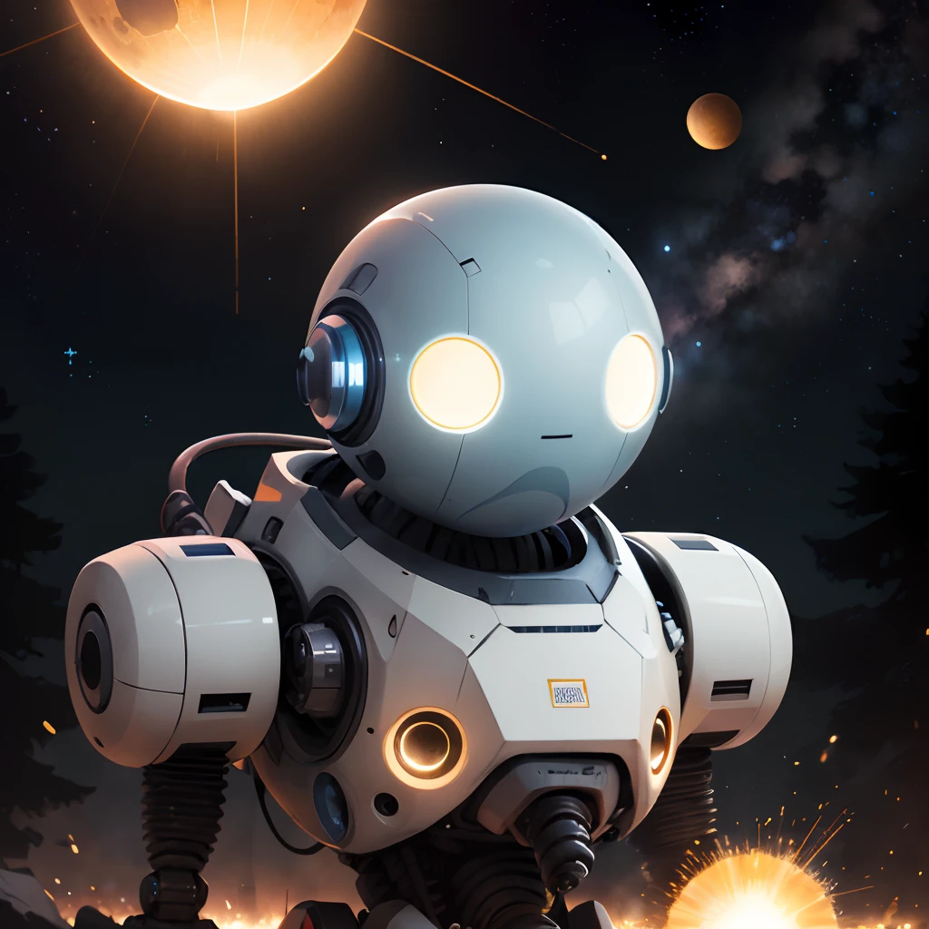 Robot with white throughout，It is larger than the sun，Even the stars around it will be dim，The torso consists of a nuclear dynamo and particle cannon with a head