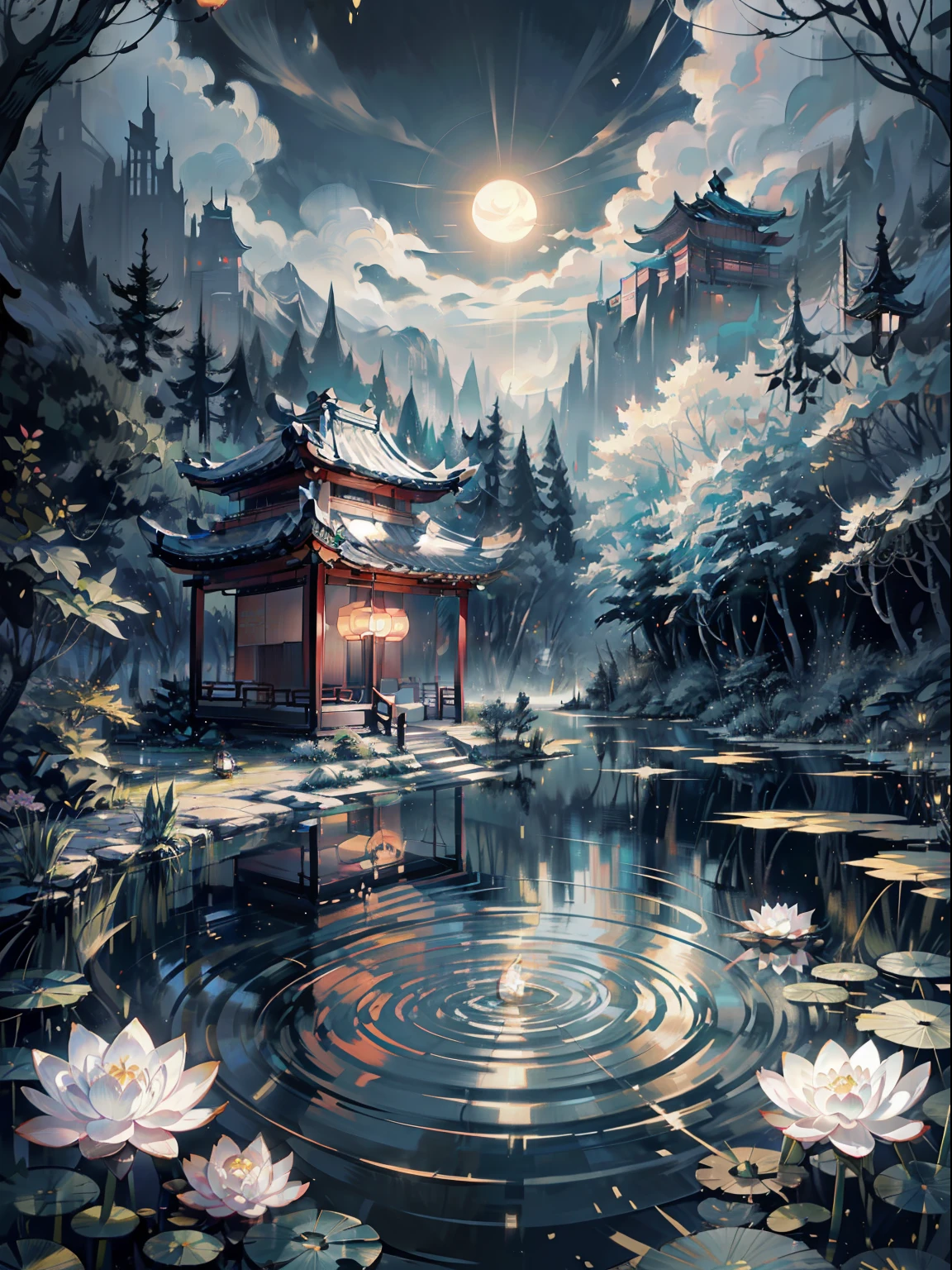 masterpiece,best quality,Chinese martial arts style,an asian night scene with lanterns and water lilies,asian pond with many lanterns and boatsa night scene with many lights and boats in the water, Lake surface, lotus flowers,beautiful night scene,(((Chinese martial arts style))), with vast sky, continuous mountains and steep cliffs, ink wash style, outline light, atmospheric atmosphere, depth of field, mist rising, bamboo, pine trees, octagonal stone pavilion, waterfall flowing water,big full moon,(No color) , Monochrome, light color,