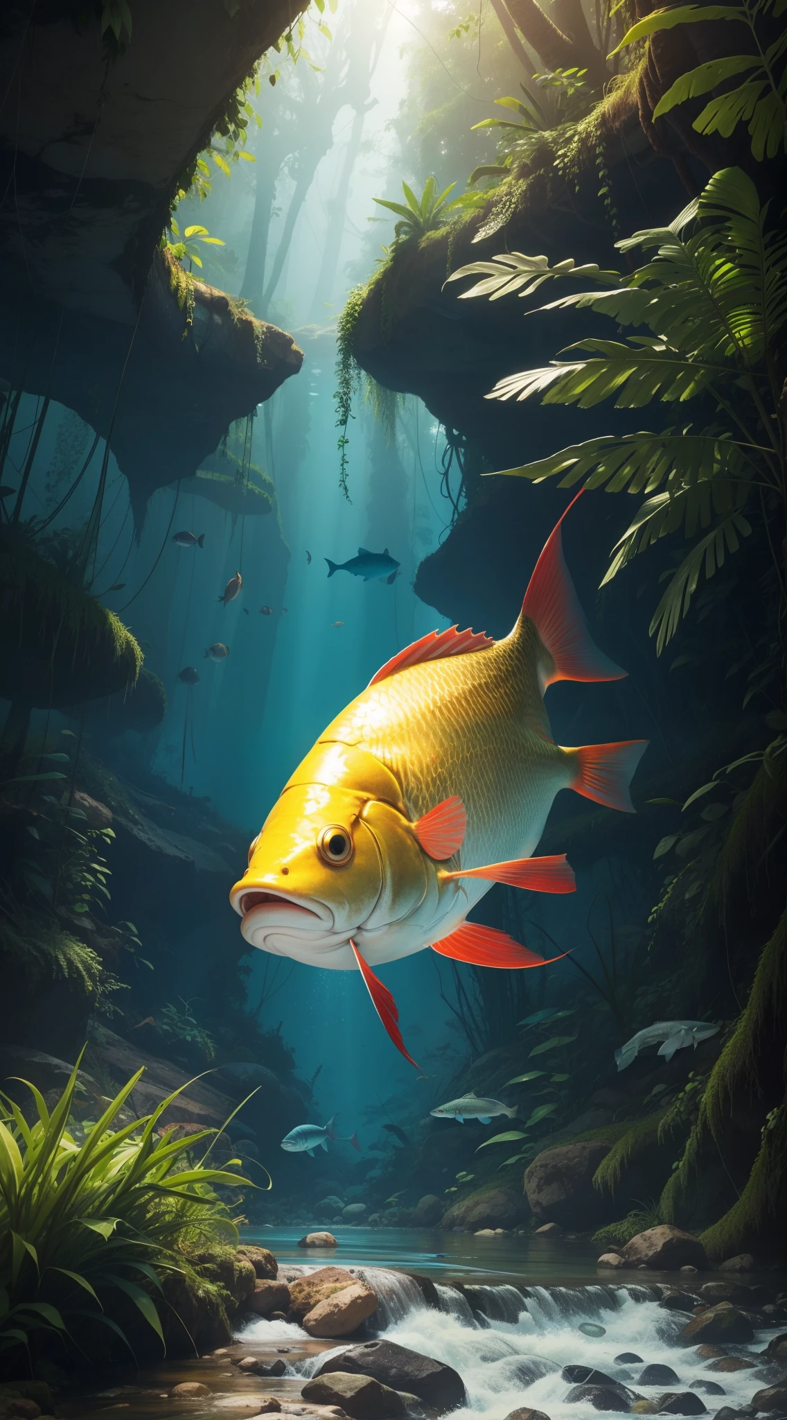 Large ugly fish looking up, jungle river environment, grass and bushes surrounding,