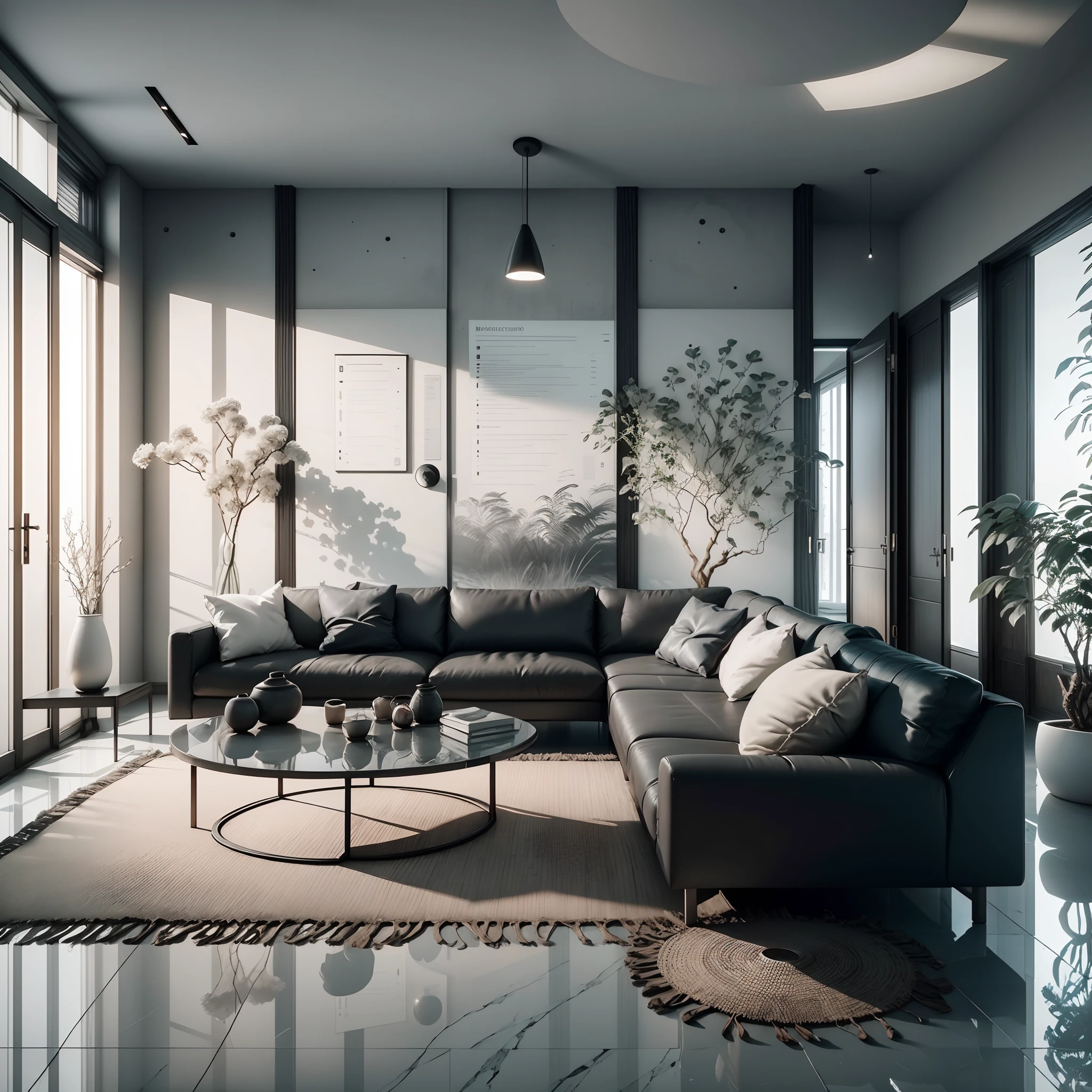 Interior design，liveroom，European minimalist style，Minimalist，Nordic style，(Black-gray tones)，Black furniture，Multi-angle display，a 3D render、cozy indoor lighting、8K，terrazzo，janelas，Simple wall lamp，Concise wind，broad,Floor-to-ceiling windows,Dark marble floor tiles，Cold，Large flat floor