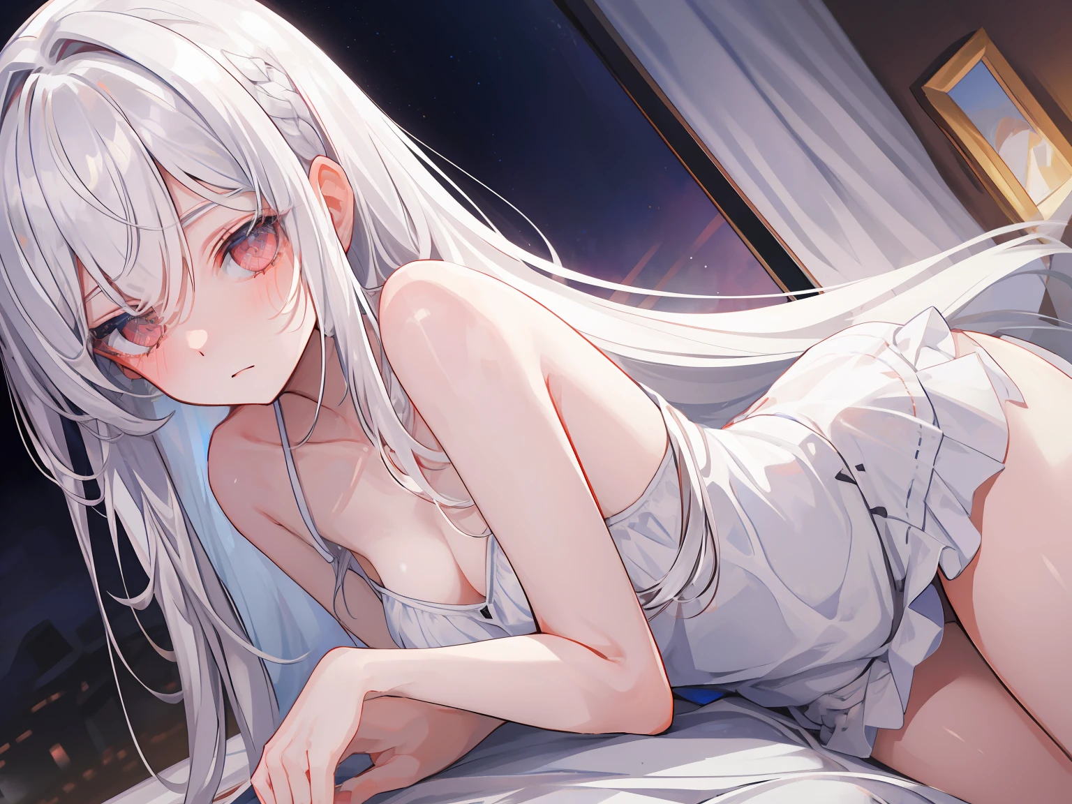 ((Masterpiece, Best quality))++, Detailed light+, Detail hair+, detail hand+ ,1girll, woman, Long hair, dark red eye, Beautiful eyes, Young gray hair,,(Beautiful white hair:1.5),(Beautiful detailed eyes), , high resolution+, Masterpiece, , Glass tones, Reflective eyes, {{Angle}} , extremelydetailedwallpaper, Original,full bodyesbian,Bedrooms,upper legs, Beth,starrysky,Issuing,,swim wears