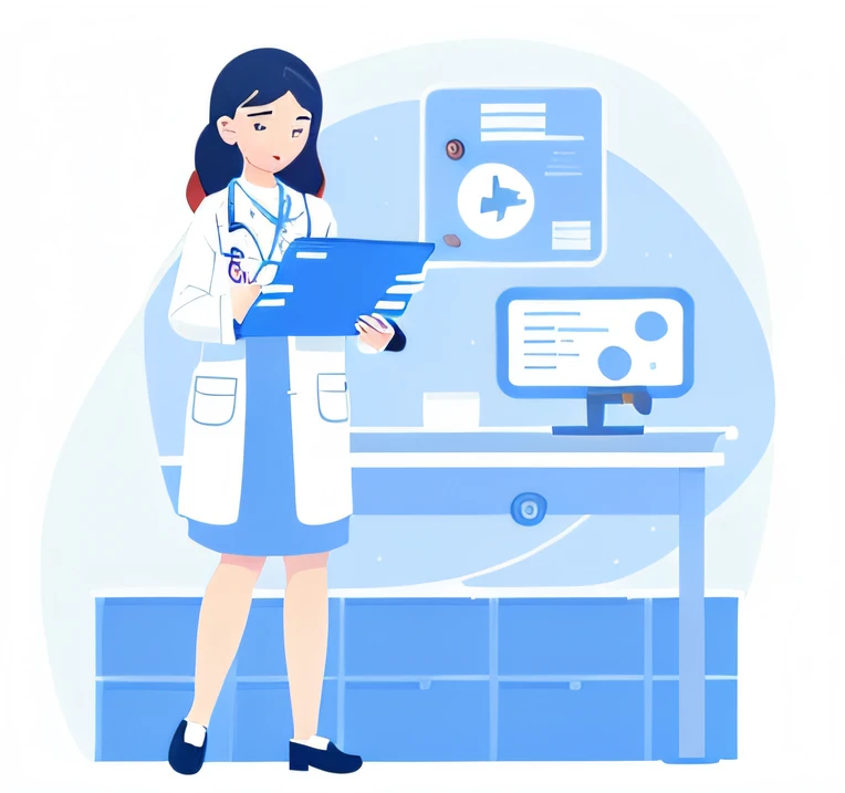 A woman in a lab coat holds a clipboard,Point to the doctor, doctor, the doctor, clean medical environment, wearing lab coat and a blouse, (doctor), healthcare worker, medical image, Flat illustration, digital medical equipment, medical illustration, with a stethoscope, medical drawing, With a lab coat, 2D illustration, 2 d illustration