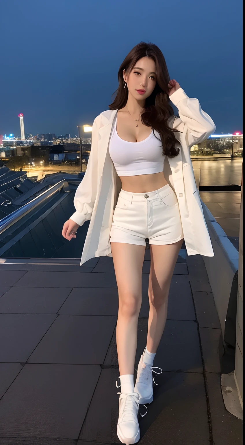 ((midynight, Need, 8k, tmasterpiece:1.3)), full bodyesbian, Long legs, Focalors:1.2, perfect figure beautiful woman:1.4, Slim abs:1.1, ((Dark brown hair, huge tit:1.2 )), (standing on your feet:1.2), ((city night scene, the roof:1.3)), Highly detailed facial and skin texture, A detailed eye, 二重まぶた,no clothe