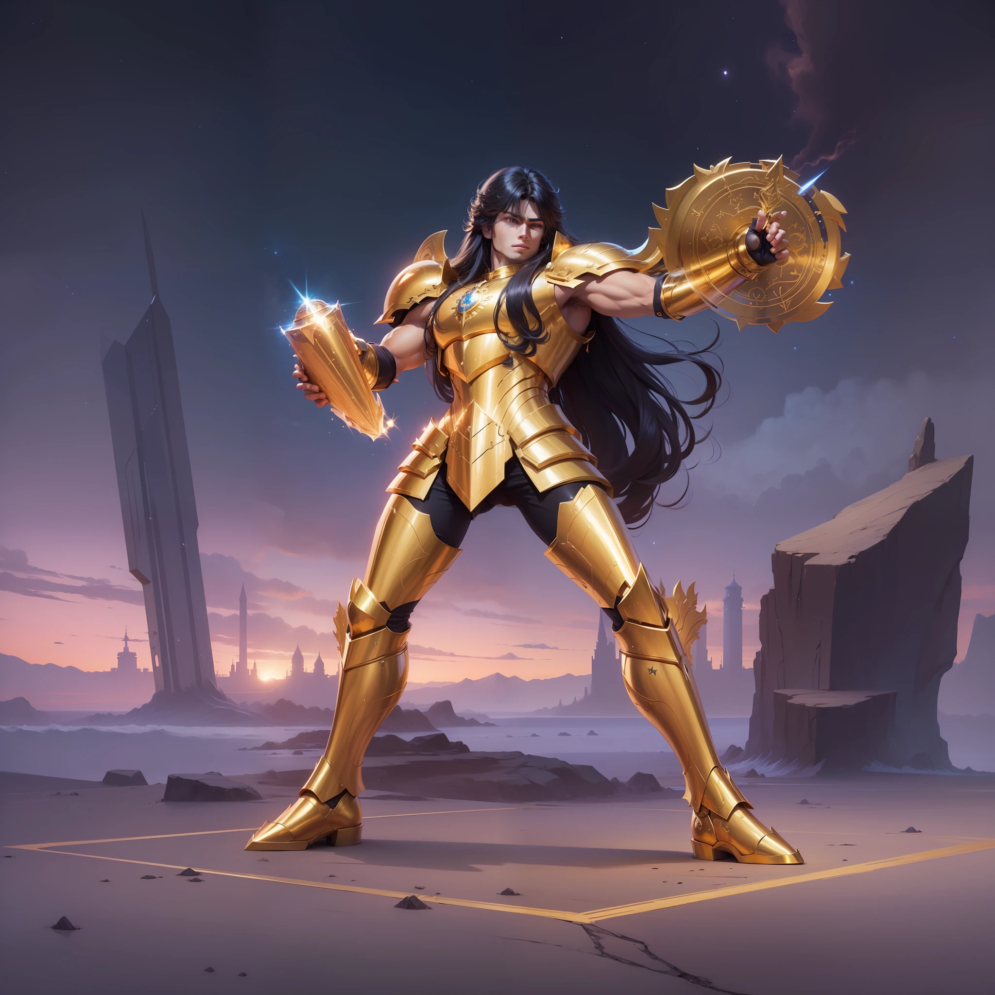 Celestial warrior with golden armor, A guy, long hair, sharp gaze, night, Saint Seiya, Libra, Zodiac, amazing, best quality, masterpiece, Unblurr, High resolution, 64k quality, ultra detail, Celestial background,