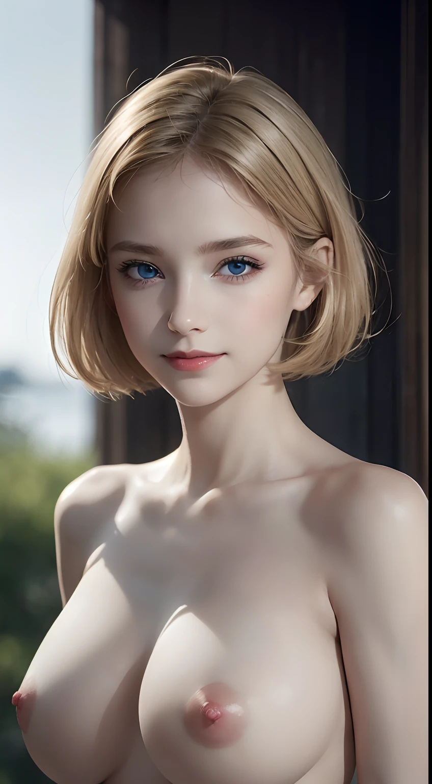 Masterpiece , (8k, RAW photo, photorealistic:1.25) ,( lipgloss, eyelashes, gloss-face, glossy skin, best quality, ultra highres, depth of field, chromatic aberration, caustics, Broad lighting, natural shading) looking at viewer with a serene and goddess-like happiness, blonde hair, sexy, blonde hair, blue eyes, realistic,photorealistic, close-up, short hair,(sweet smile),((closed mouth)),  looking at viewer,standing, simply background , beautiful eyes, (18 years old, youngish :1.2), , flat chest, glossy skin, (perfect ), nsfw, nipple