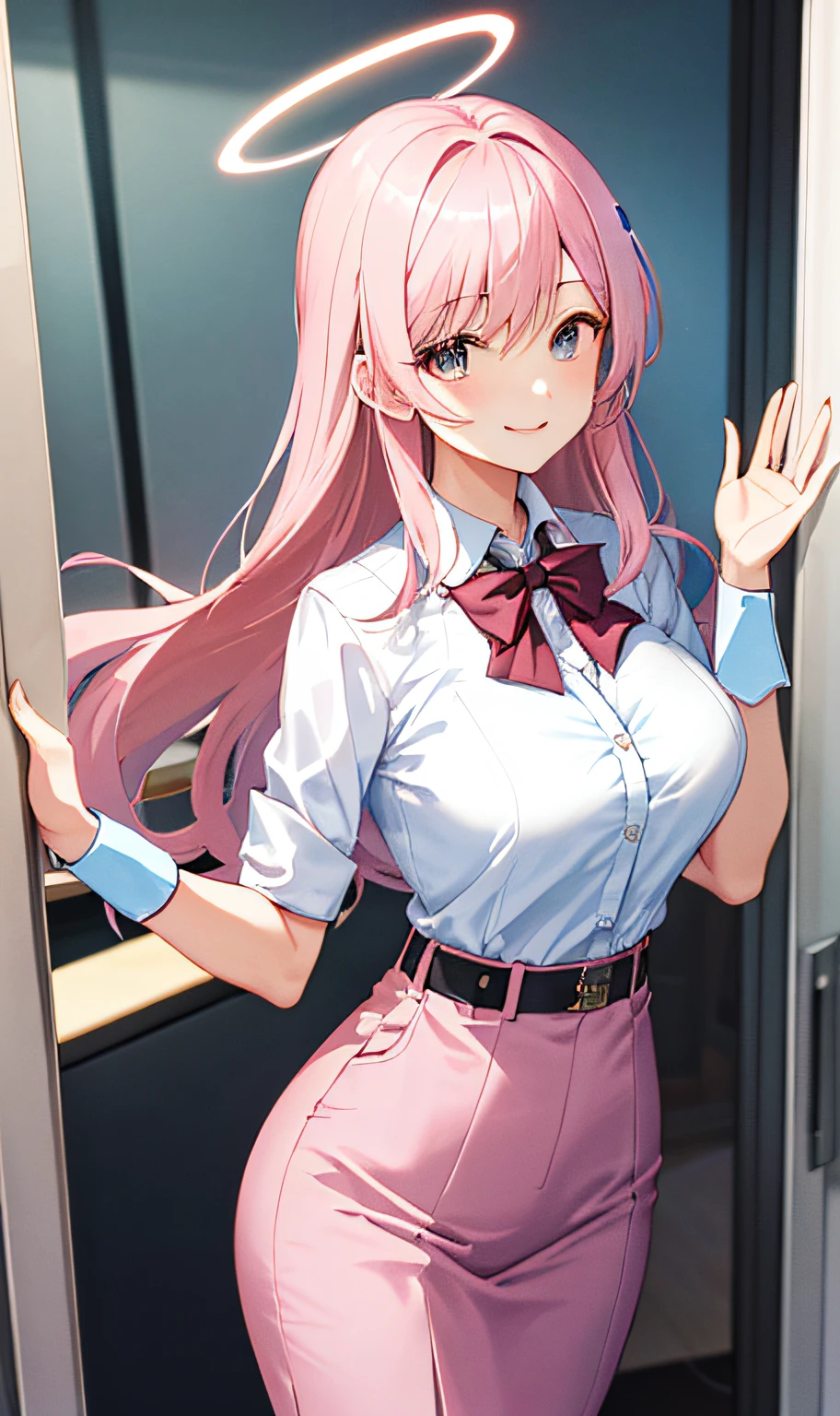 ((masterpiece, best)),(1girl),((mature woman)), light pink hair, halo, trumpet, ((office lady)), bangs, mid-chest, (full), slim, smiling, [wide hips ], office, standing, aru \(blue file\),