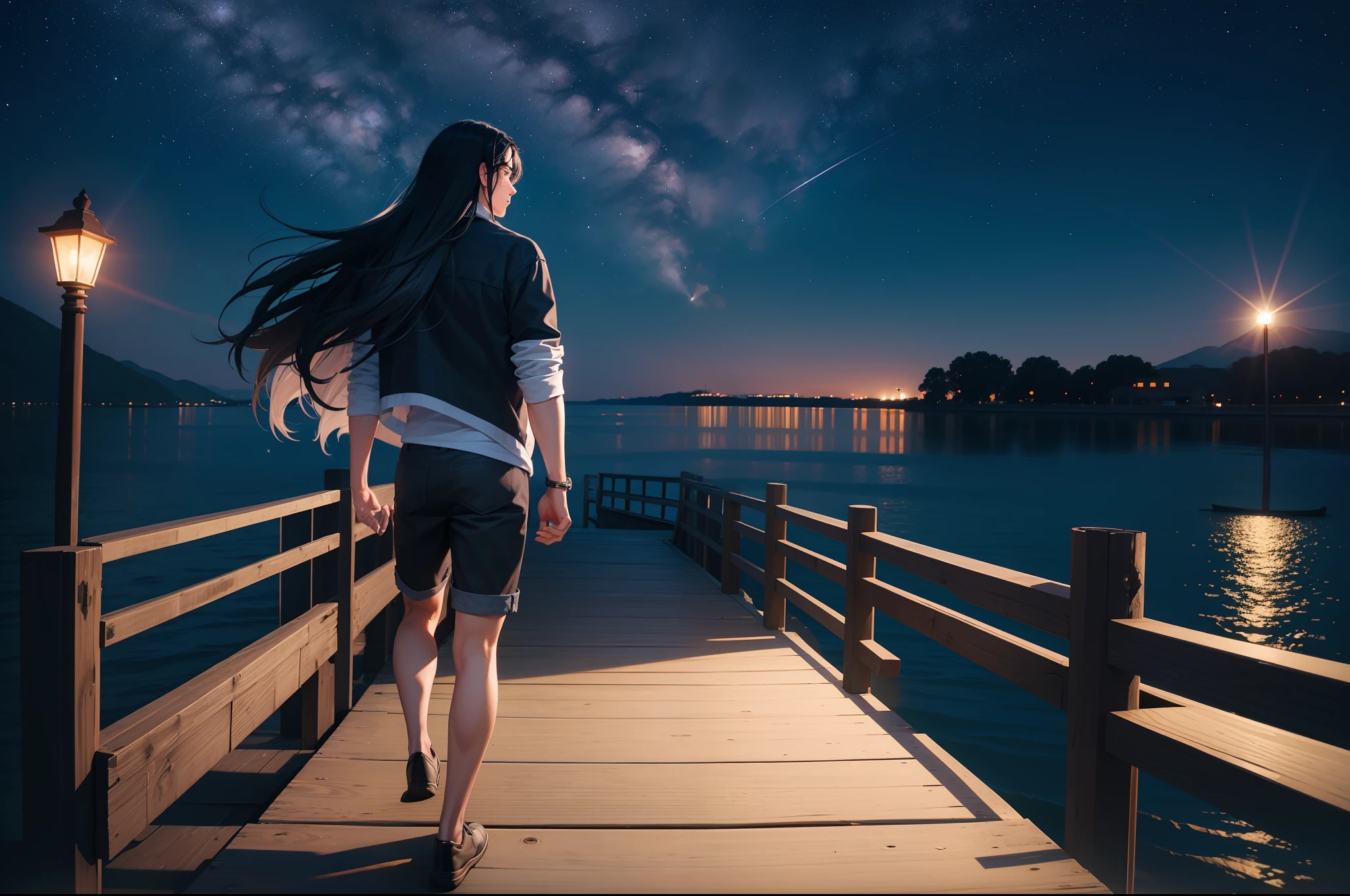Portrait of a handsome long black haired young man walking on a dock, wearing bermudas. He looks at the starry sky reflexively. Illuminated only by moonlight and a back dock light.