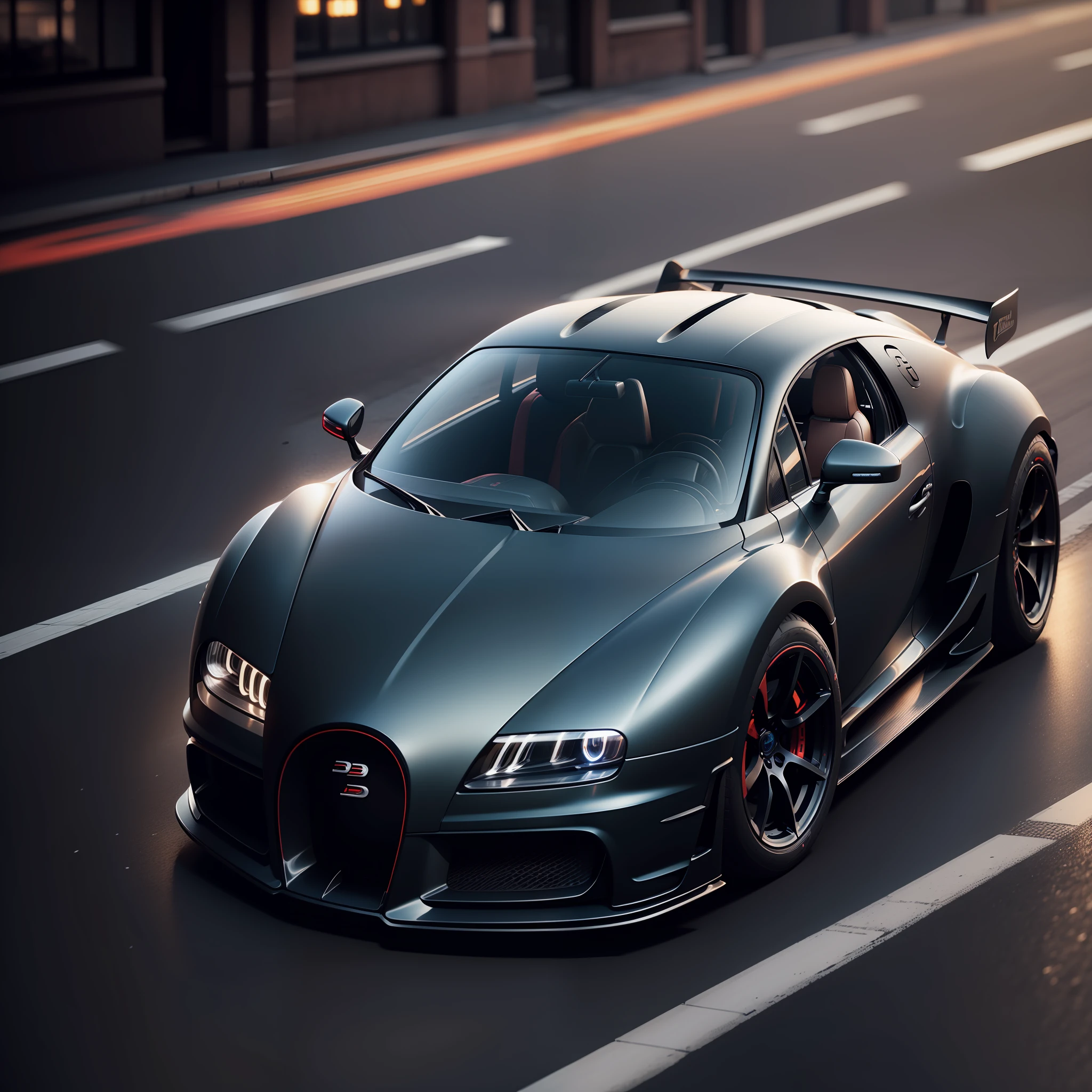 A close up of a bugatti car driving down a street - SeaArt AI