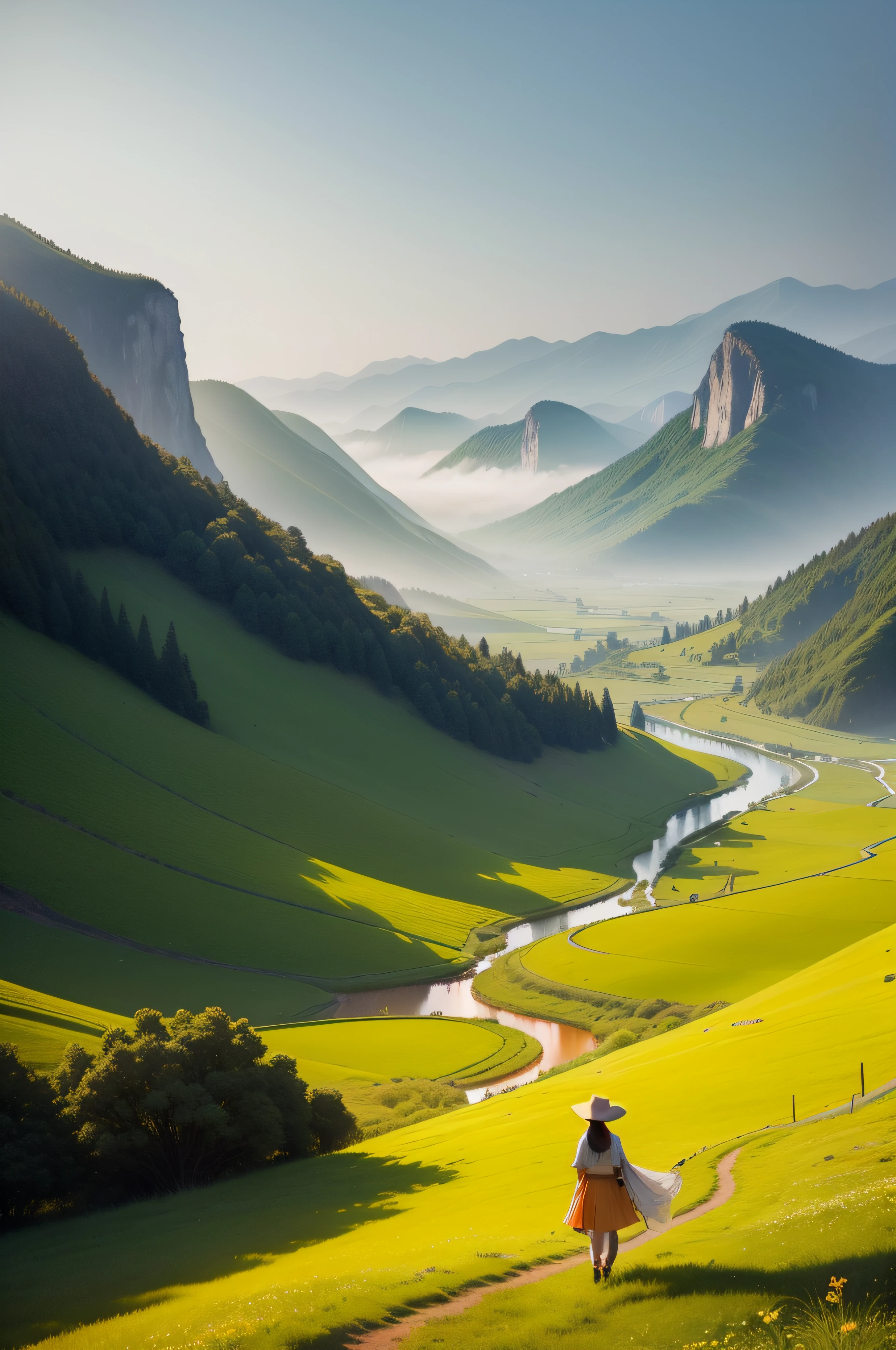 As I walked through the tranquil valley,I was blown away by the sight in front of me。Vast grasslands spread beneath my feet,It's like an endless green carpet。light breeze,The blades of grass sway gently,It's like nature's breath。The mountains in the distance are set against the backdrop of the morning glow,It seems to be shrouded in a faint orange mist,It's like a fairyland。