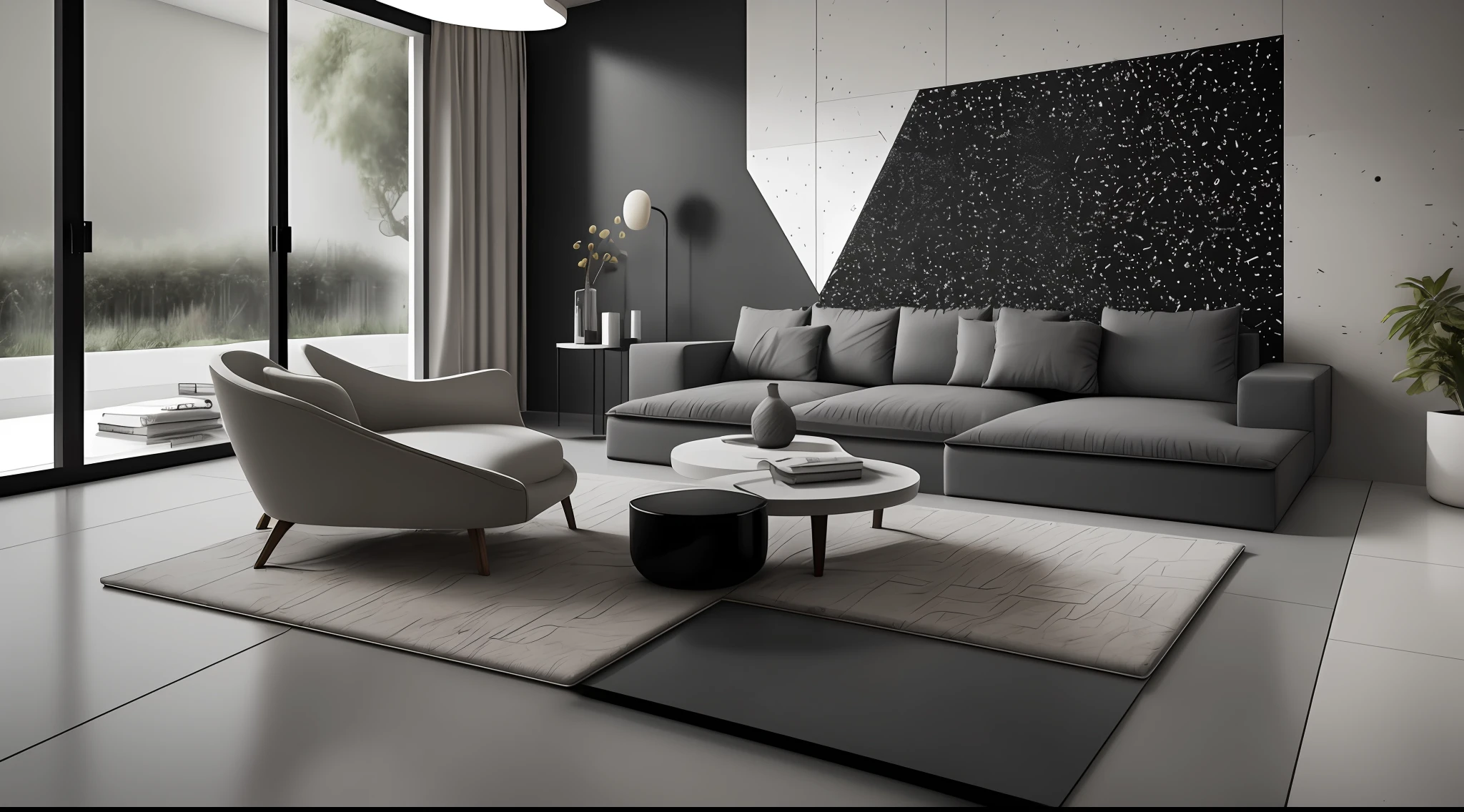 Interior design，liveroom，European minimalist style，Minimalist，Nordic style，(Black-gray tones)，Black furniture，Multi-angle display，a 3D render、cozy indoor lighting、8K，terrazzo，janelas，Simple wall lamp，Concise wind，broad,floor to ceiling window,Dark floor tiles，Cold