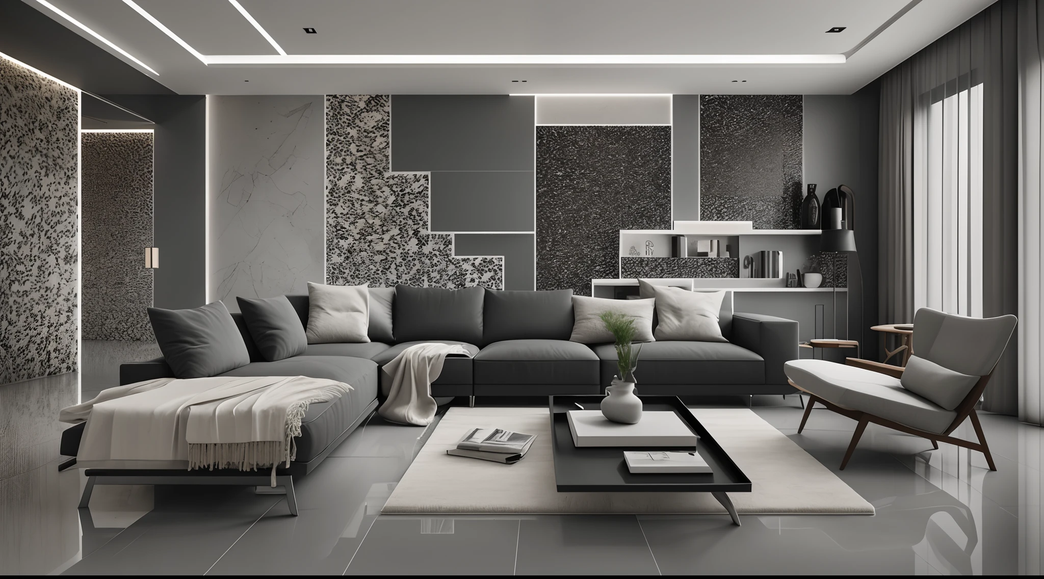 Interior design，liveroom，European minimalist style，Minimalist，Nordic style，(Black-gray tones)，Black furniture，Multi-angle display，a 3D render、cozy indoor lighting、8K，terrazzo，janelas，Simple wall lamp，Concise wind，broad,floor to ceiling window,Dark floor tiles，Cold