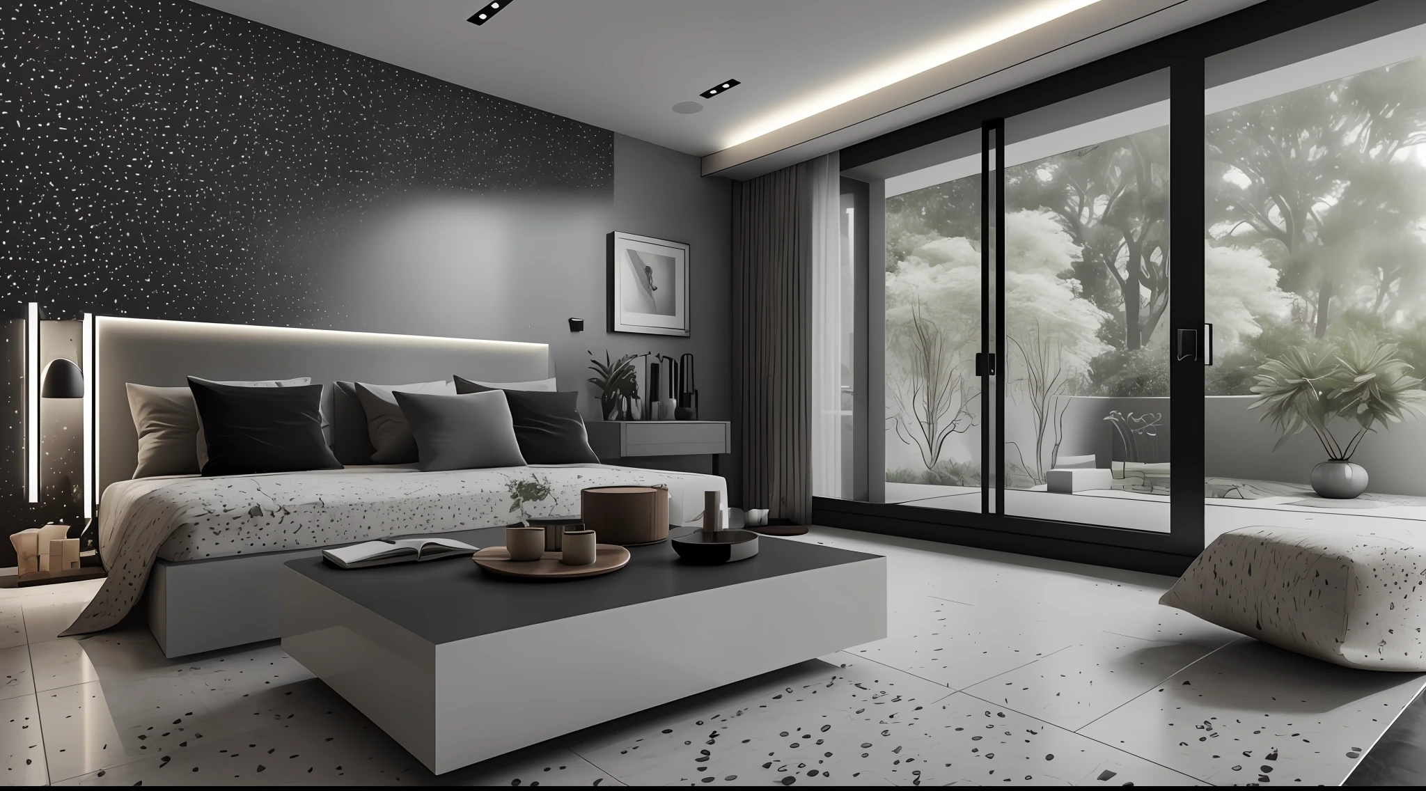 Interior design，liveroom，European minimalist style，Minimalist，Nordic style，(Black-gray tones)，Black furniture，Multi-angle display，a 3D render、cozy indoor lighting、8K，terrazzo，janelas，Simple wall lamp，Concise wind，broad,floor to ceiling window,Dark floor tiles，Cold