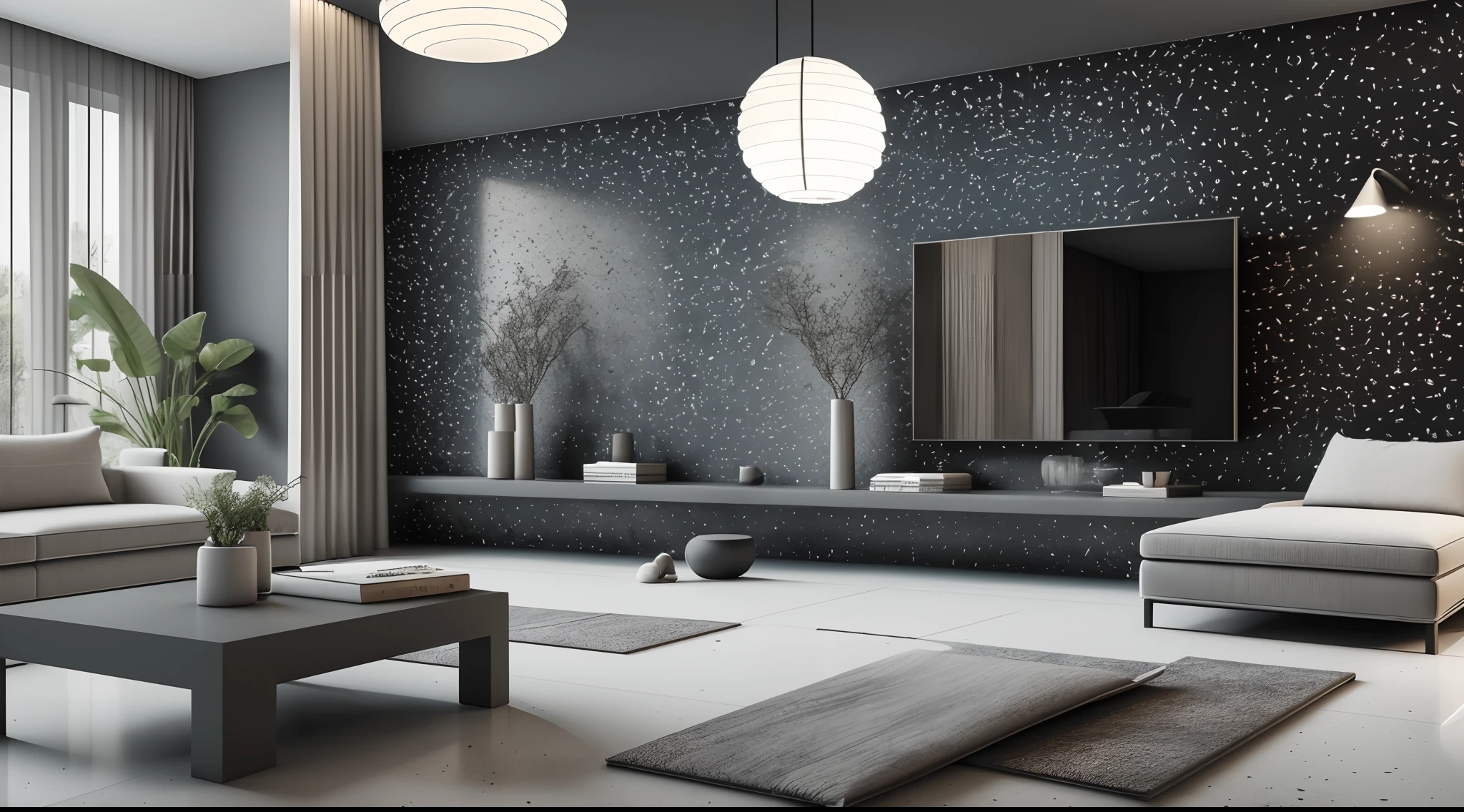 Interior design，liveroom，European minimalist style，Minimalist，Nordic style，(Black-gray tones)，Black furniture，Multi-angle display，a 3D render、cozy indoor lighting、8K，terrazzo，janelas，Simple wall lamp，Concise wind，broad,floor to ceiling window,Dark floor tiles，Cold