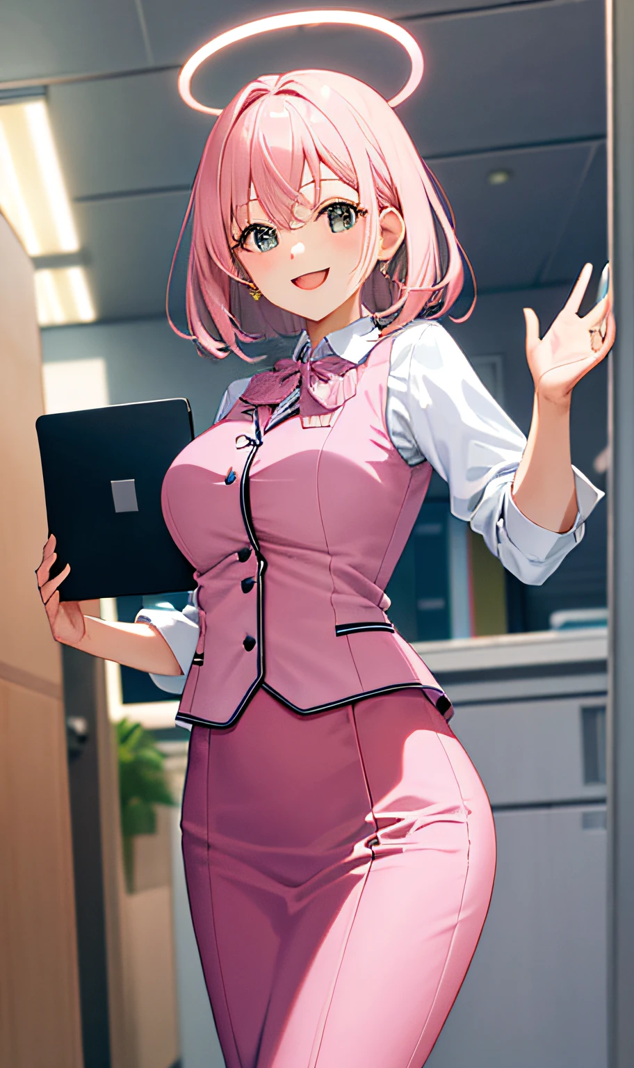 ((masterpiece, best)),(1girl),((mature woman)), light pink hair, halo, trumpet, ((office lady)), bangs, mid-chest, (full), slim, smiling, [wide hips ], office, standing, aru \(blue file\),