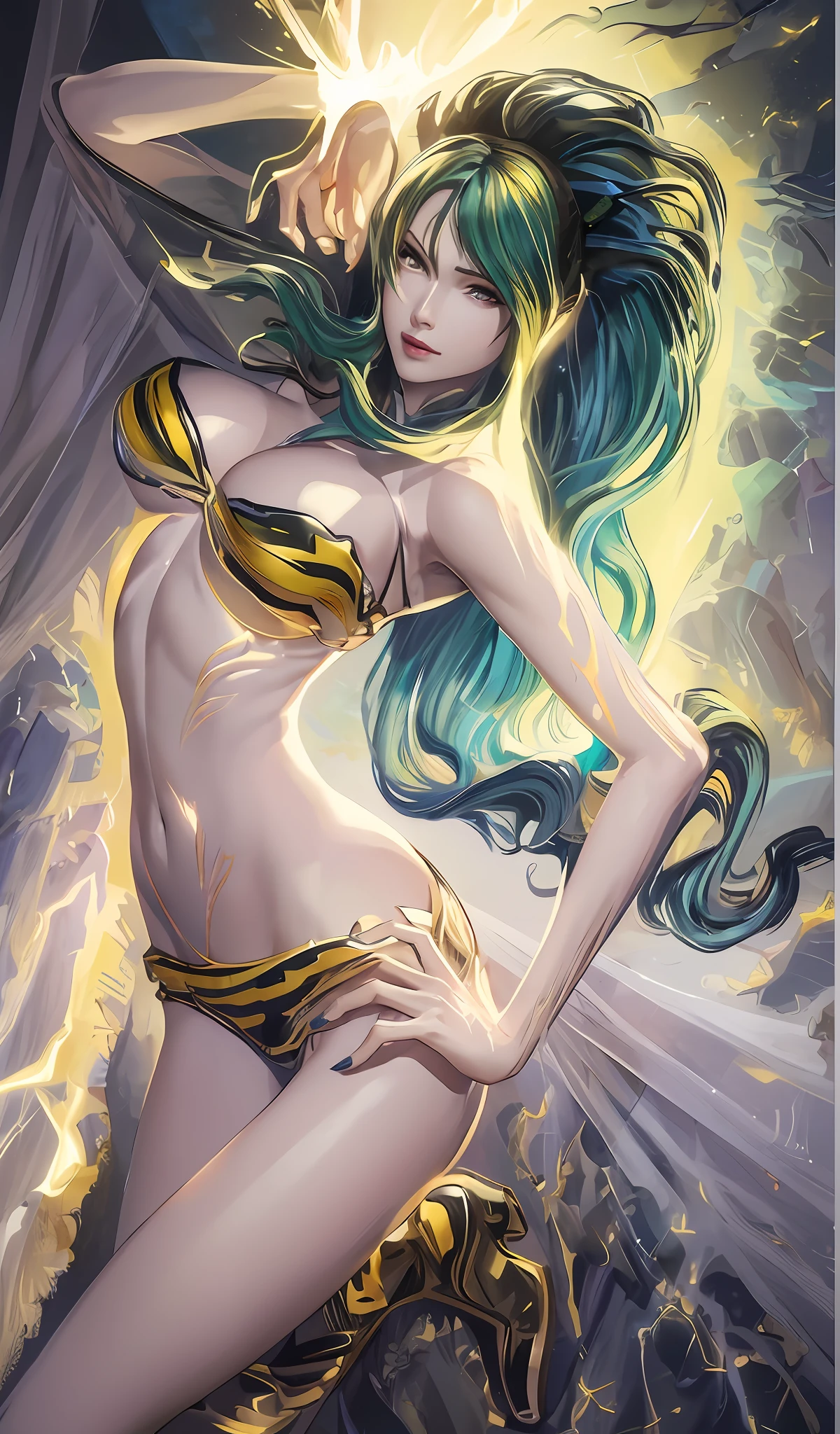 Illustration of woman in yellow and black bikini, A splash of blue lightning behind her, Hair is deep green overall. Anime Illustration, Highly detailed Art、 pin up art, goddess of lightning, Painting of a woman in a bikini with lightning, Urusei Yatsura no Ram-chan、Bikini and boots pattern yellow and black、hair is dark green、by Eddie Mendoza, by Randy Vargas, by Ric Nagualero, goddess of lightning, A splash of blue lightning behind her, J Scott Campbell, Inspired by Boris Vallejo, zenescope, j. Scott Campbell, Inspired by Hajime Sorayama, japanese lightning goddess, by Mark Brooks