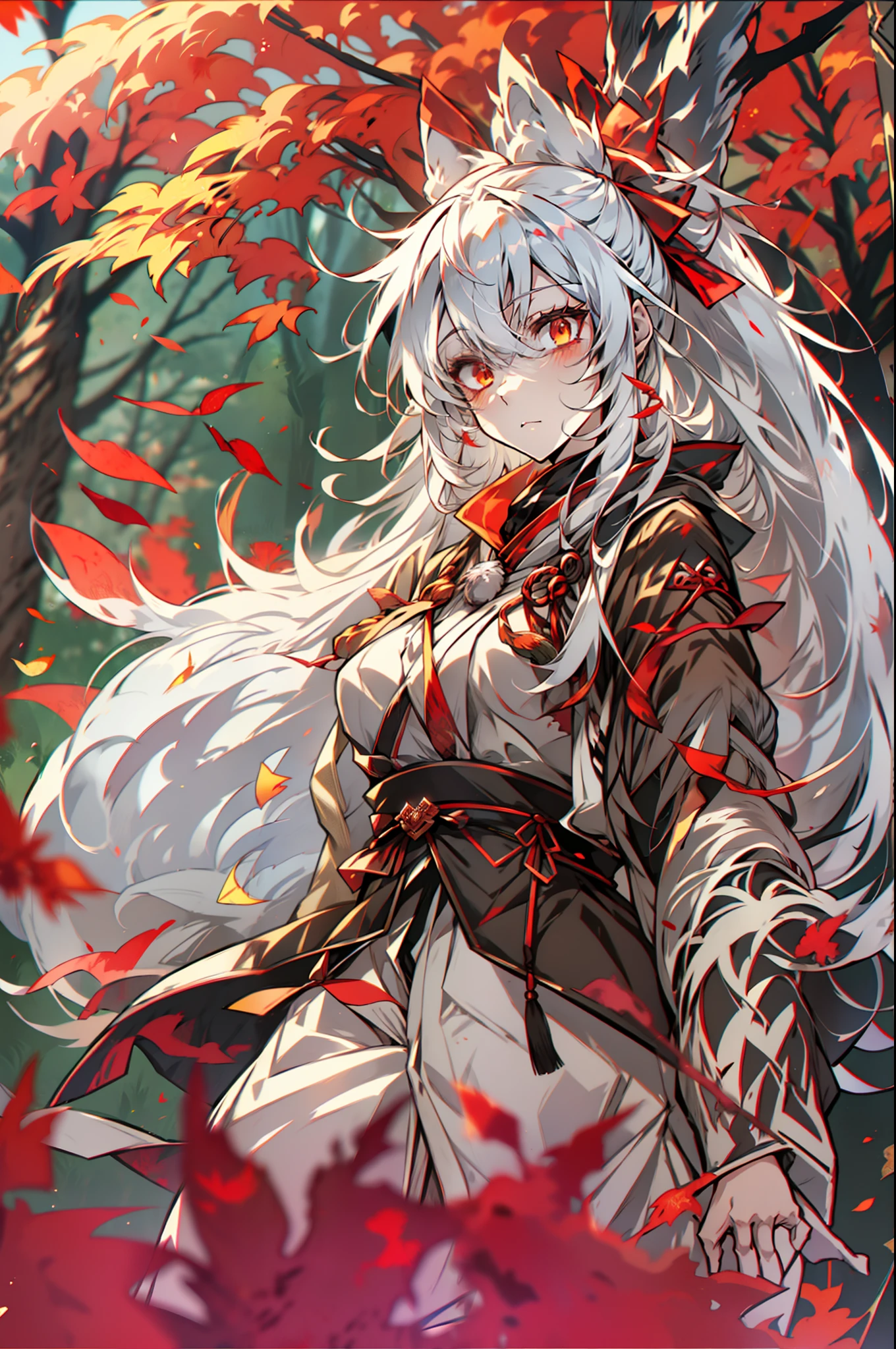 solo, anime girl in forest with red leaves, anime kitsune girl with long white hair in ponytail, white - haired fox, white fox anime, white haired deity, fox nobushi, dynamic lighting, extreme detail, neutral expression