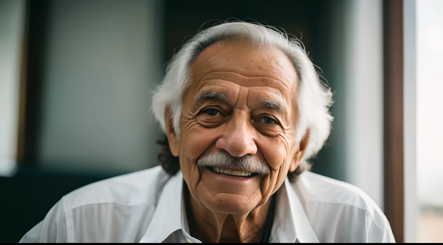 Foto detalhada do homem velho, 60 anos, alto, cor de cabelo escuro, cor de pele clara, tirada com uma Leica M6 e uma Leica 75mm F1.25 Noctilux, Atmospheric lens.sorrindo
