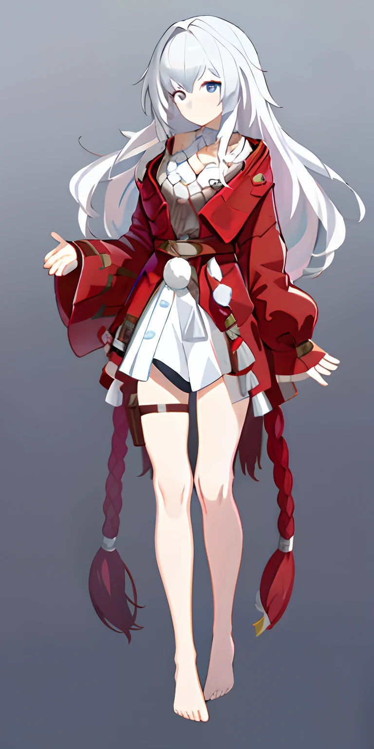 (masterpiece), best quality, 1girl, solo, clara, honkai_star_rail, white hair, plain background, standing, full body, barefoot,