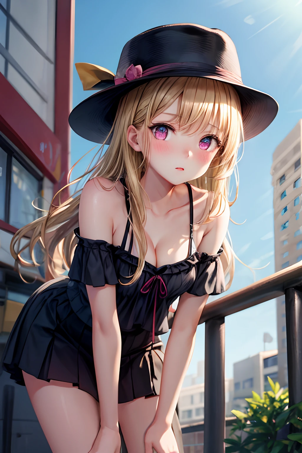 ultra detailed, 1girl, 15y, blond hair, pink eyes, small breasts, blush, street, straight-on, leaning forward, blush, cleavage, bare shoulders, from below, sideways, masterpiece, best quality, 
boater hat