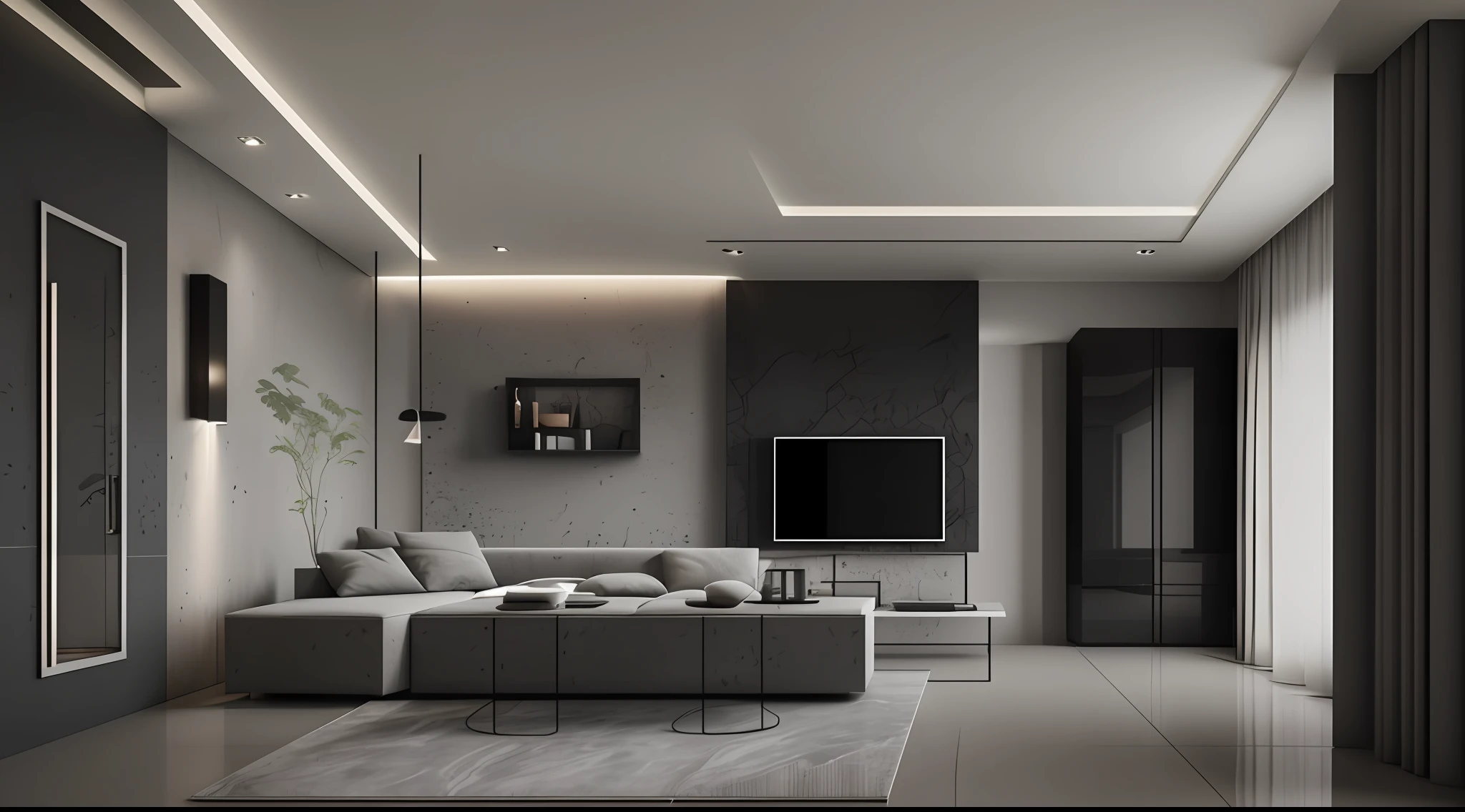 Interior design,liveroom,European minimalist style,Minimalist,Nordic style,(Black-gray tones),Black furniture,Multi-angle display,a 3D render、cozy indoor lighting、8K,terrazzo,janelas,Simple wall lamp,Concise wind,broad,floor to ceiling window,Dark floor tiles,Cold
