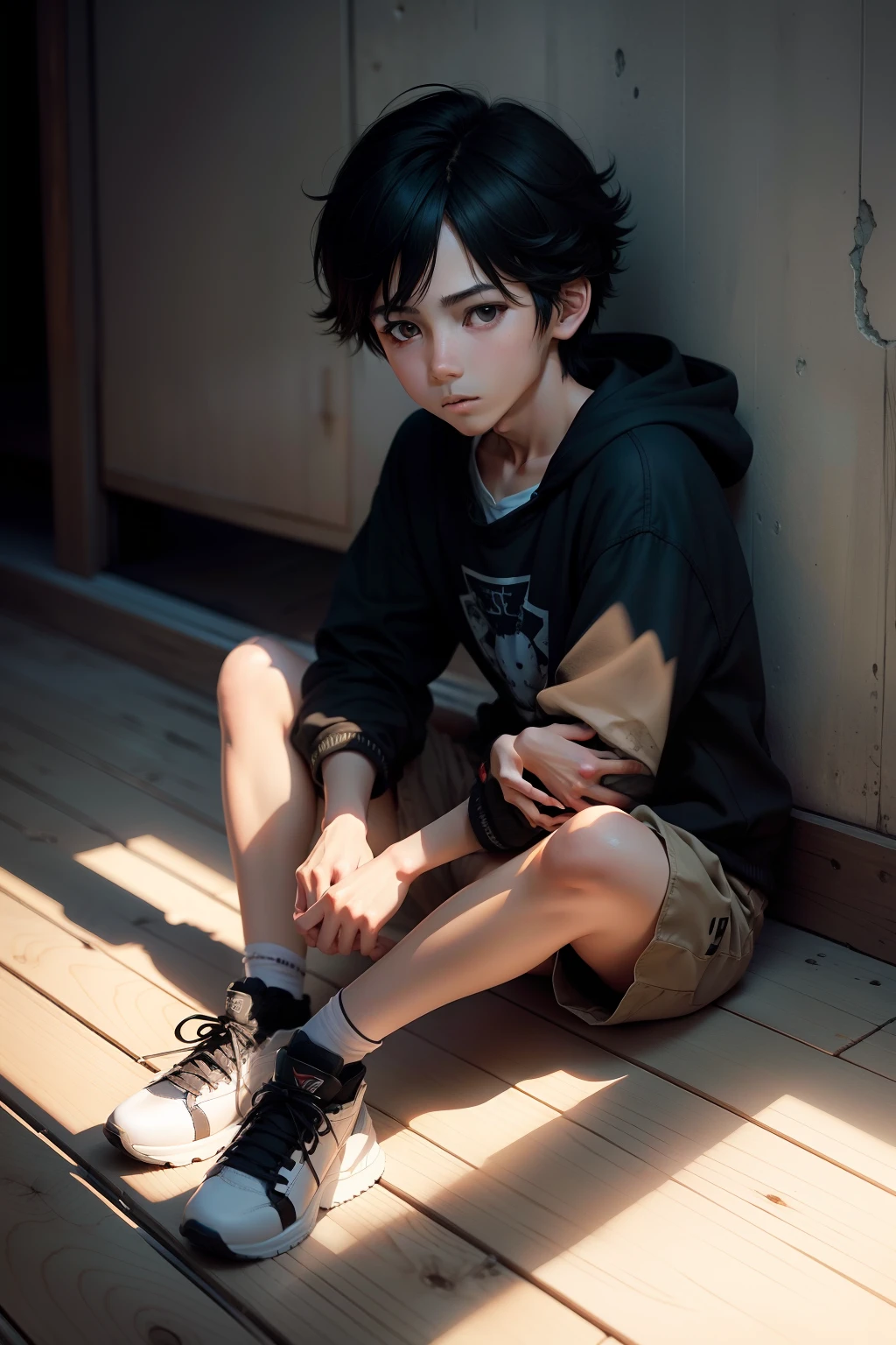 "feeling of solitude,style of anime,younge boy,Bring cute pets,Fine rendering,Realistic shadows"
