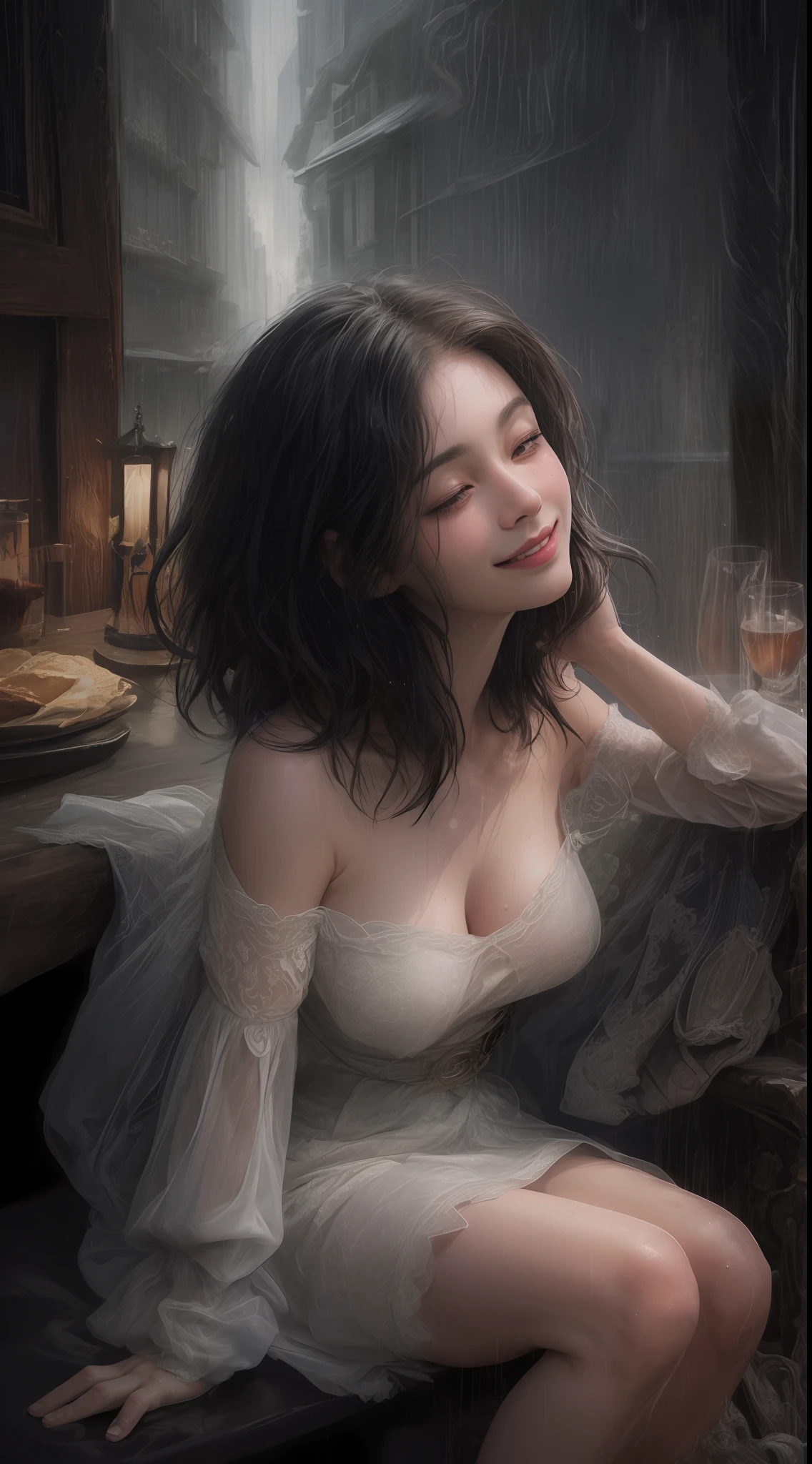 (64k、hyper HD、top-quality、tmasterpiece:1.2)、(hentail realism、Photorealsitic:1.37)、ultra - detailed、1 Pretty lady、(Slim Faces)、(Slim body)、（Thick hair）、(short  cut)、The cheeks are a little red、(30 age old)、独奏、Beautiful and detailed night view of the city outside the window、dining room、The wine glass is in a conspicuous place、natta、(from waist up)、Sit on the、Date、(A smile:1.15)、Beautiful fine eyes、The upper part of the body、bustup、natta、Party dresses、jpn、(short-hair:1.2)、Float NovaFrogStyle、女優、modeled、from waist up、white wine、MuCoi、Wine glasses、Super beautiful night view、Place the wine glass in the middle、Happy smile、