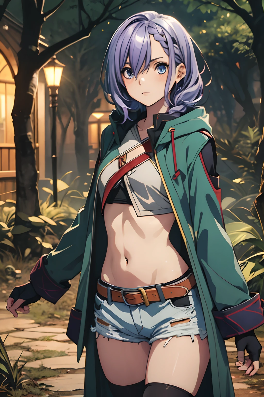 best quality, ((masterpiece)), highly detailed, outdoors, night, forrest,
1girl, Luna,
looking at the viewer, 
blue eyes, purple hair, braid, thighhighs, belt, open coat, navel, short shorts, fingerless gloves