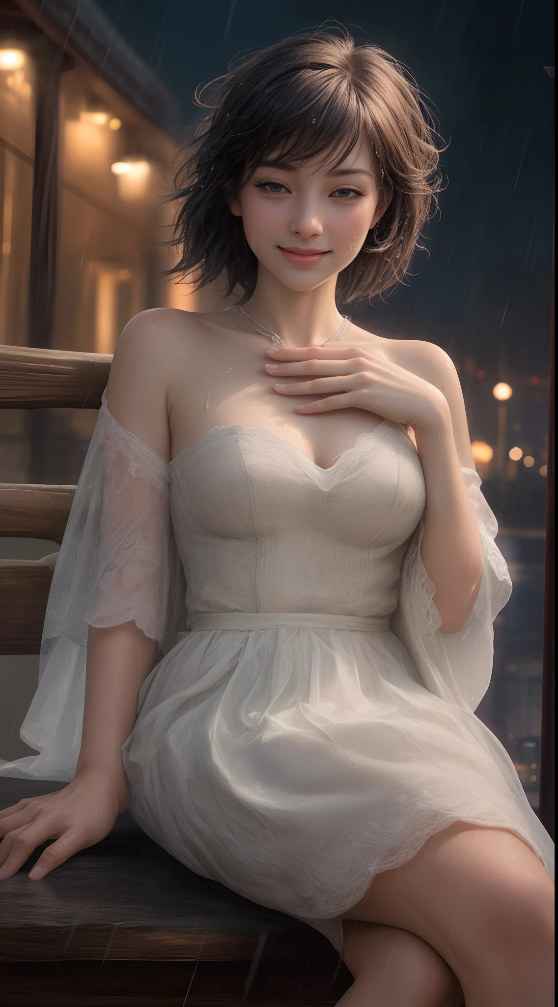 (8k, best quality, masterpiece:1.2), (realistic, photo-realistic:1.37), ultra-detailed, 1 girl, beautiful, solo, beautiful detailed sky, detailed coffee, night, sitting, dating, (flushed nose), (smile: 1.15), (mouth closed) medium breasts, beautiful detailed eyes, topless, night, wet, rain, white lace, (short hair:1.2), floating hair NovaFrogStyle,