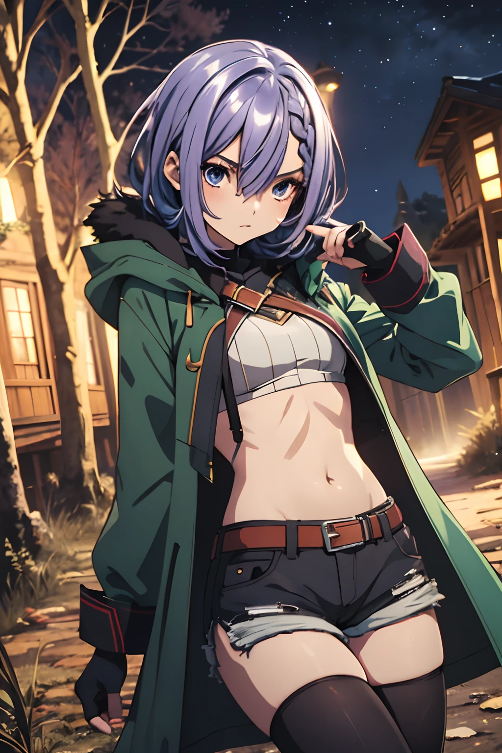 best quality, ((masterpiece)), highly detailed, outdoors, night, forrest,
1girl, Luna,
looking at the viewer, 
blue eyes, purple hair, braid, thighhighs, belt, open coat, navel, short shorts, fingerless gloves