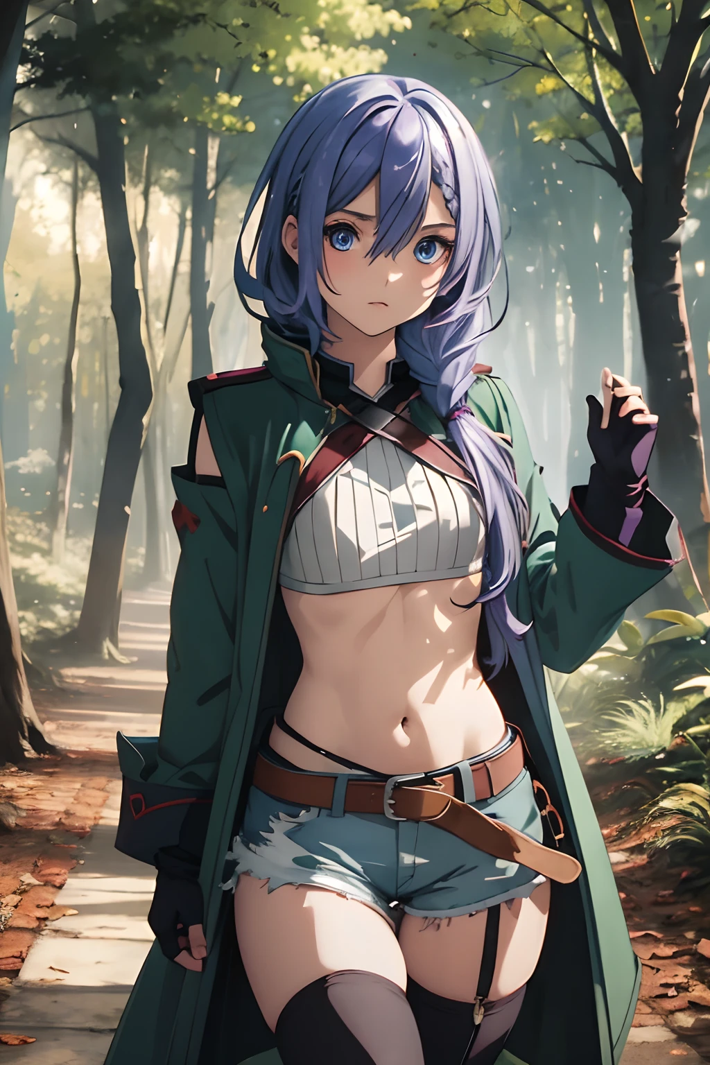 best quality, ((masterpiece)), highly detailed, outdoors, night, forrest,
1girl, Luna,
looking at the viewer, 
blue eyes, purple hair, braid, thighhighs, belt, open coat, navel, short shorts, fingerless gloves