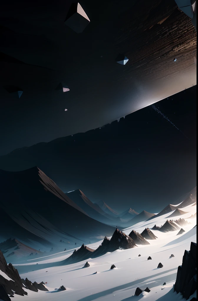 Many large clusters of black translucent sharp crystals are scattered throughout the hills。