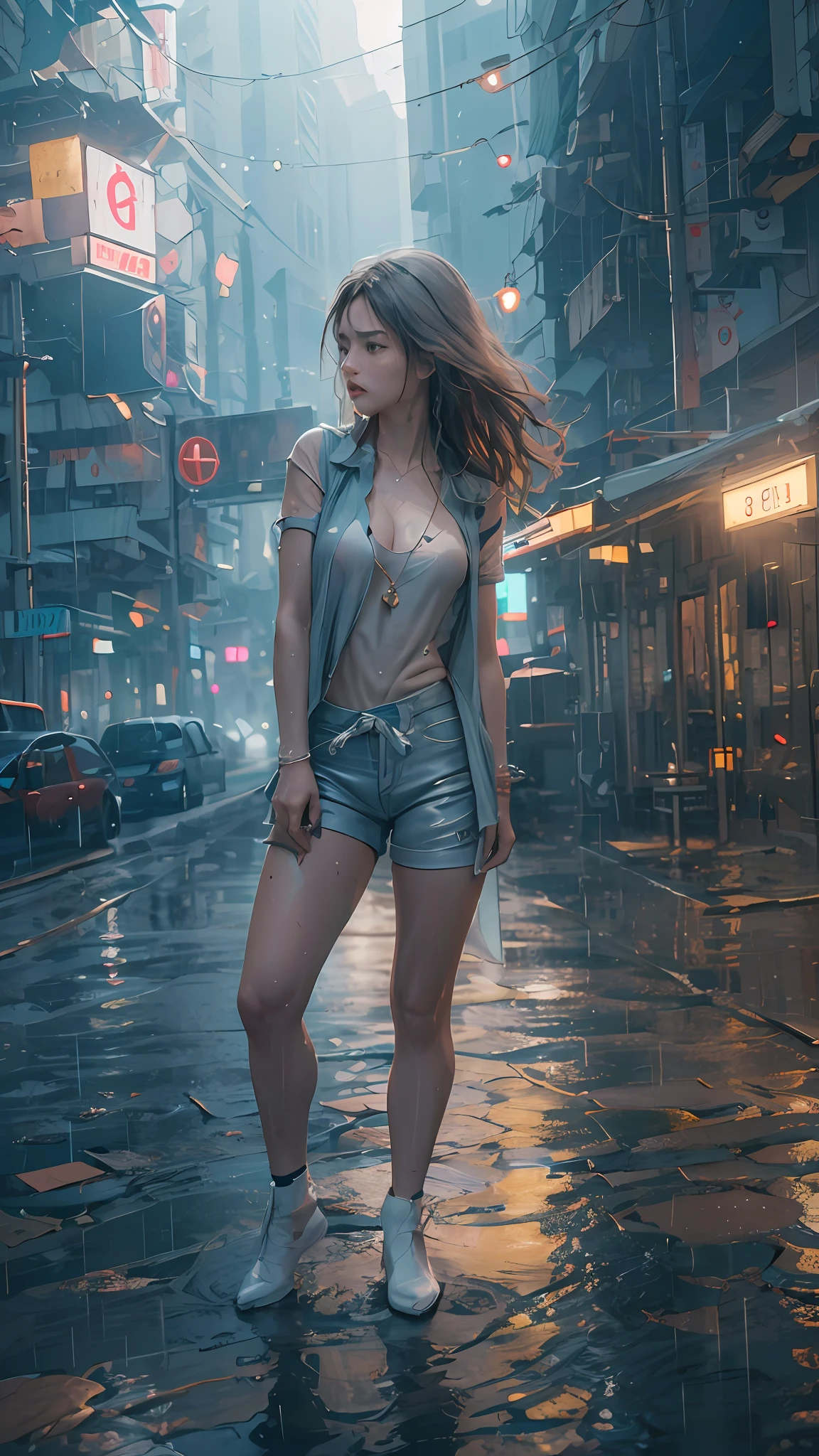 (((best quality))),(((ultra detailed))),(((masterpiece))),illustration,((1 beautiful girl,solo)),(short ponytail:1.2),(((sweat,wet))),((slim,thin)),((small breasts,flat chest)),(torn brown tank top:1.3),(torn brown sports shorts:1.3),(slender legs:1.2),(sneakers:1.2),(standing:1.3),(cyberpunk city:1.3),(body soaked In the mud pit:1.3),(summer:1.2),(downpour:1.2), (mud-covered:1.2), street corner, resilience, fierce determination,vibrant colors,(mud splattered:1.3),city chaos,(muck:1.3),(neon lights:1.2),(muddy flooded street:1.3), towering buildings,(pounding rain:1.3), distressed structures,(night scene:1.3),((from front,full body))
