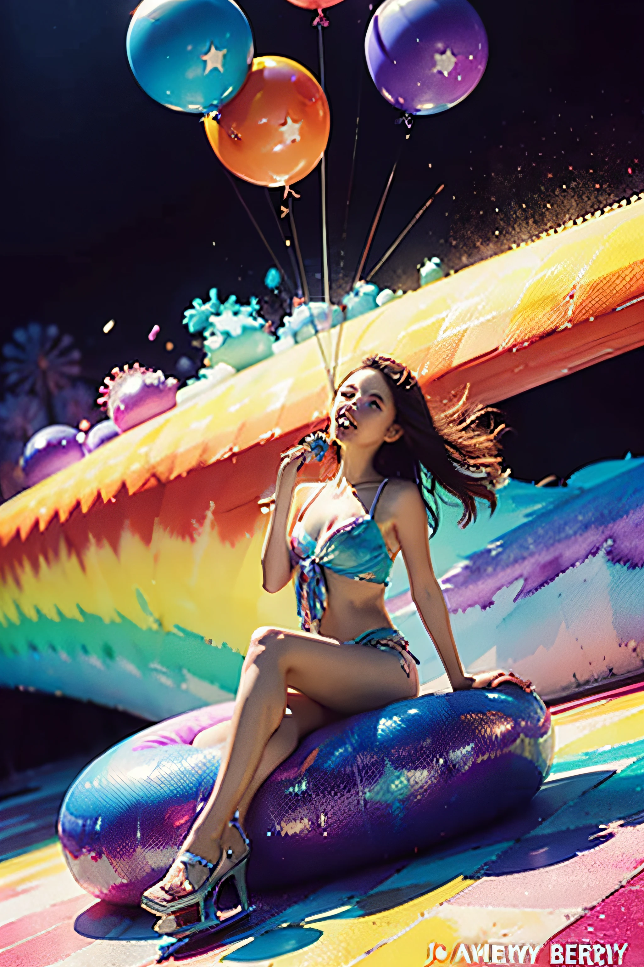 A girl sitting on a giant ice cream, which is adorned with vibrant colors, delightful frosting, and rainbow sprinkles. She holds an oversized waffle cone,shimmering candies. Floating around her are some small balloons, each tied to a petite candy. The scene is filled with sweetness and joy, showcasing the girl's happiness and the enchanting fusion of her imagination and a fantastical world,fantasy, high contrast, ink strokes, explosions, over exposure, purple and red tone impression , abstract, ((watercolor painting by John Berkey and Jeremy Mann )) brush strokes, negative space,