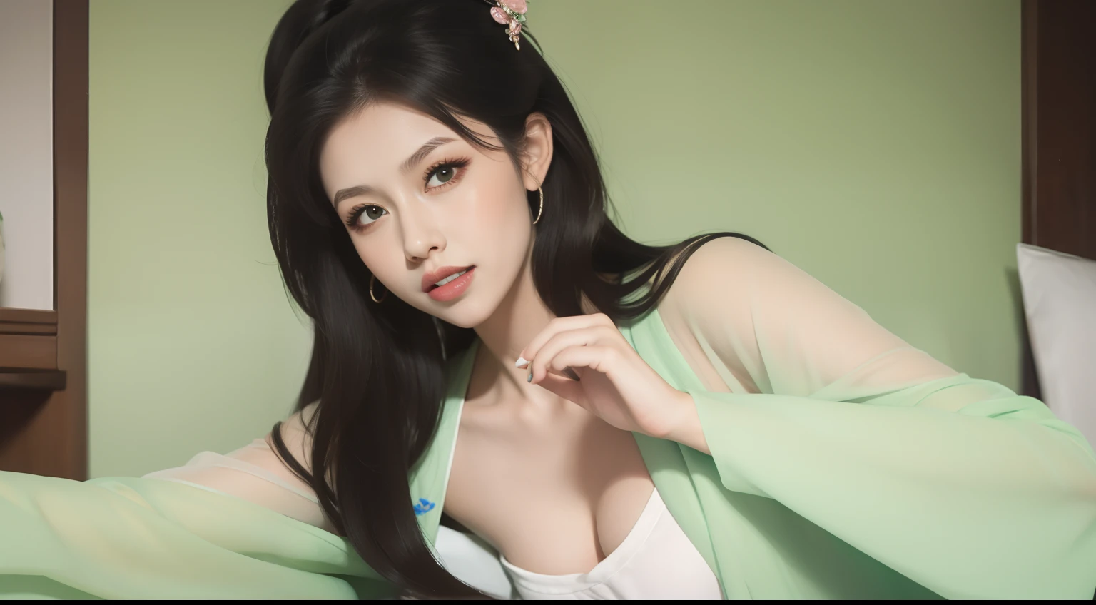 Fashion model 18 years old [[[[closeup cleavage]]]], [[[[boobgasm]]]], [[[[coll]]]], [[[[bshoulders]]]], perfect  eyes, Perfect iris，Perfect lips，perfect teeth，Perfect skin，with fair skin，Long face，slender nose，Soft front light，hdr，Movie girl，Light green clothing，In the background is the bedroom，Beds，（pastel colour：1.2）