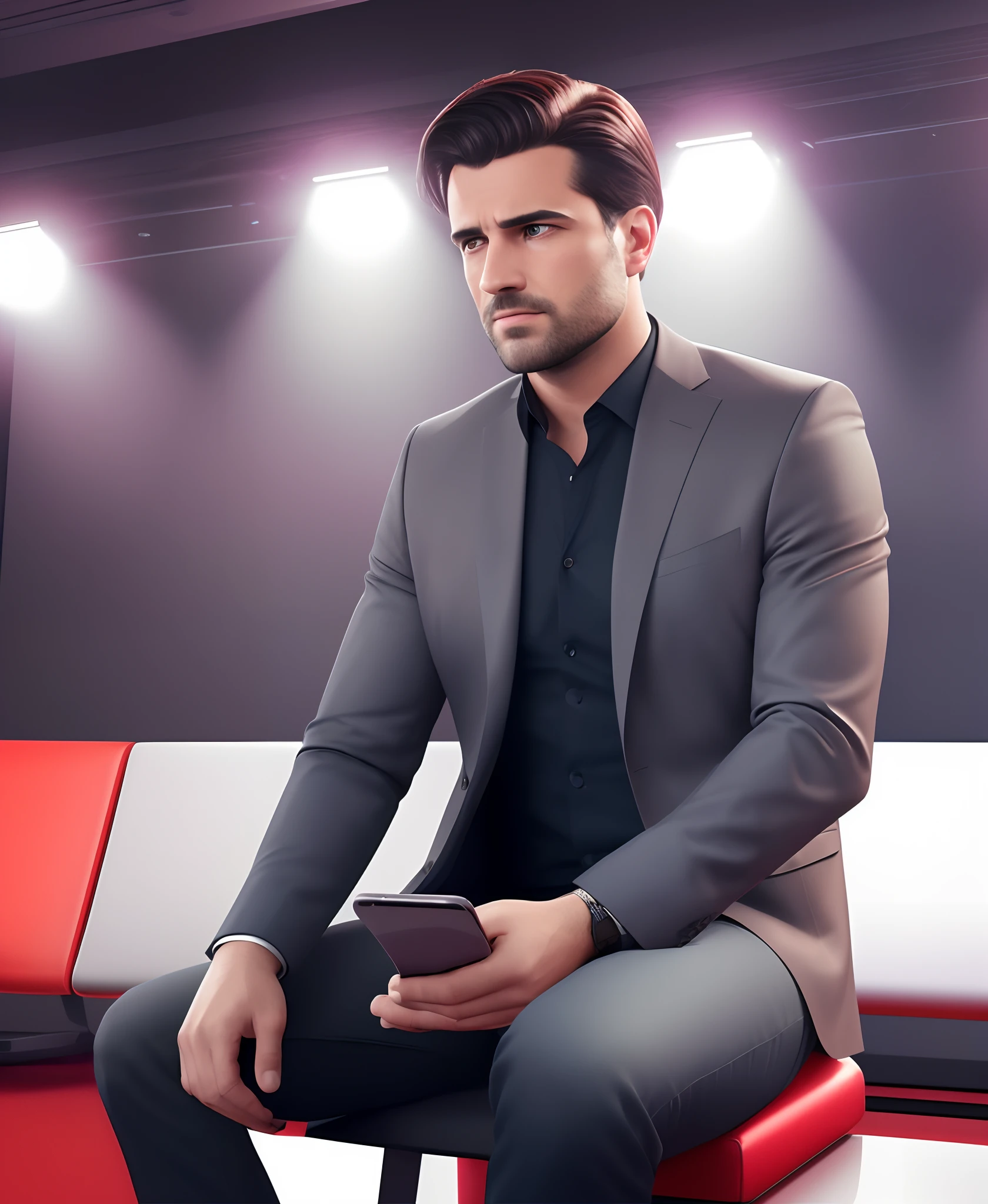Best quality, ultra high res, (photorealistic:1.4), hdr, hyperdetailed. Sad man with dark hair looking in smartphone. Man sitting at a syndicated talk show. Frontal view. Spotlights, cameras. Tabloid talk show. A lot of space. Red and grey colors in interior design.