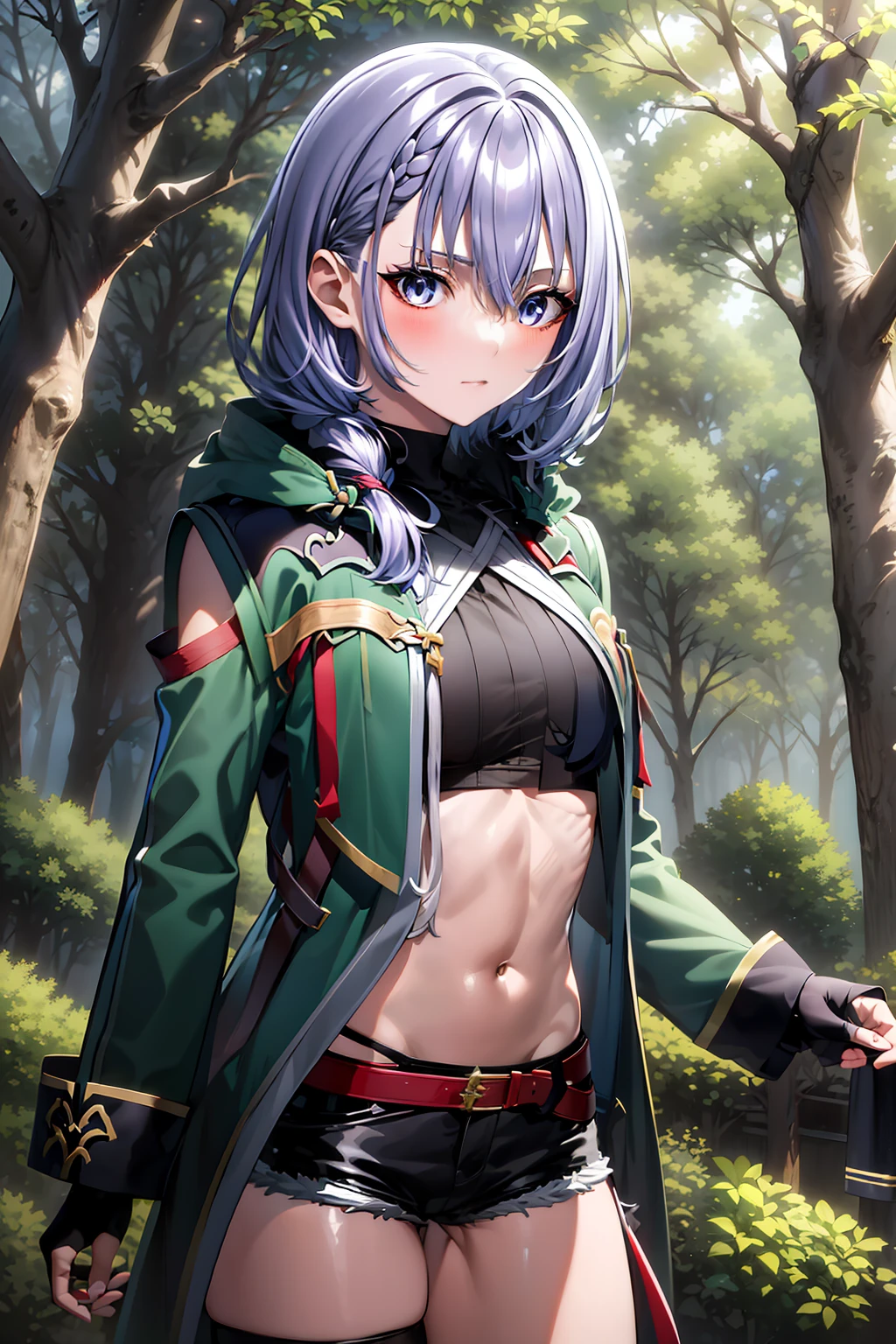 luna jacket, black shorts, thighhigh, silver hair, loose braid, beautiful face, forest background, (masterpiece:1.2), best quality, absurdres, extremely detailed wallpaper, perfect lighting, sunlight,