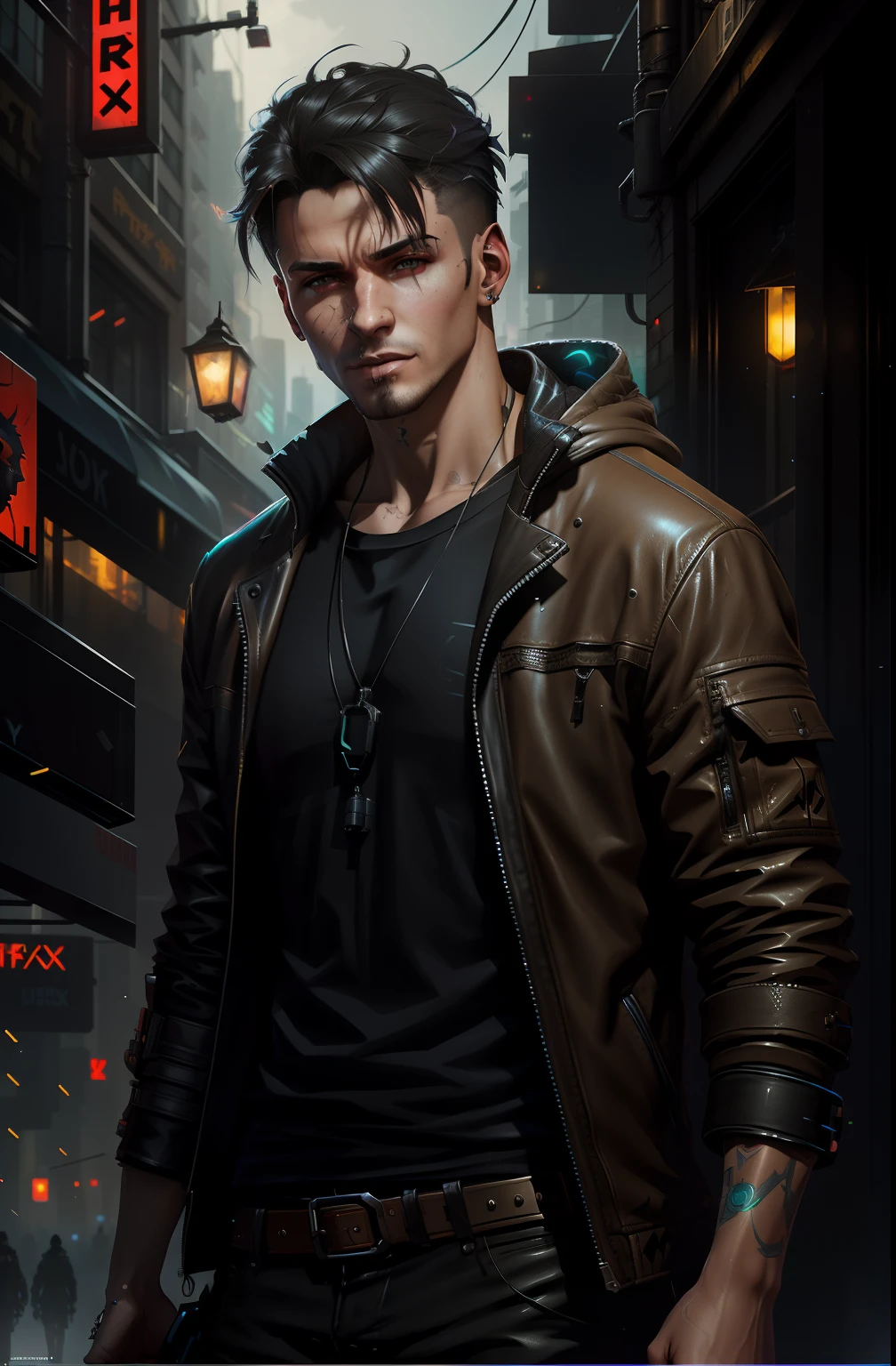 there is a man in a leather jacket standing in a city, stylized urban fantasy artwork, wojtek fus, portrait of a cyberpunk man, cyberpunk street goon, neoartcore and charlie bowater, cyberpunk character, cyberpunk character art, inspired by Adrian Zingg, hyper-realistic cyberpunk style, cyberpunk dude, shadowrun character art, cyberpunk style , hyperrealistic