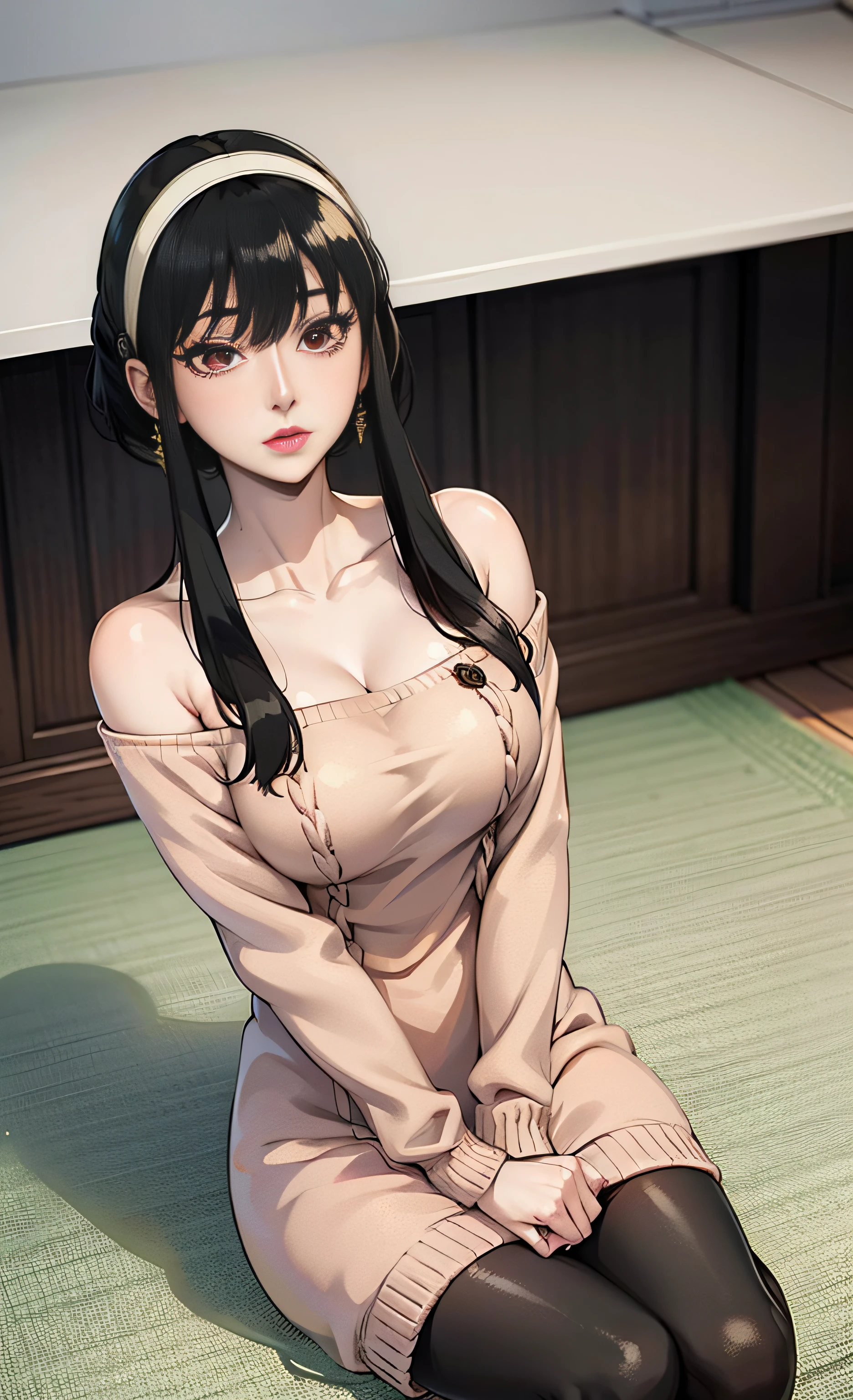 Super beautiful shining eyes、Yor Briar,(long sidelocks ,Short hair, short hair with long locks:1.2), Bangs,Black Dress,Red Eyes,Gold Earrings,off-the-shoulder sweater, Red Sweater,鎖骨, Black hair , Straight hair,Mature Woman ,Black pantyhose , [thick thighs]