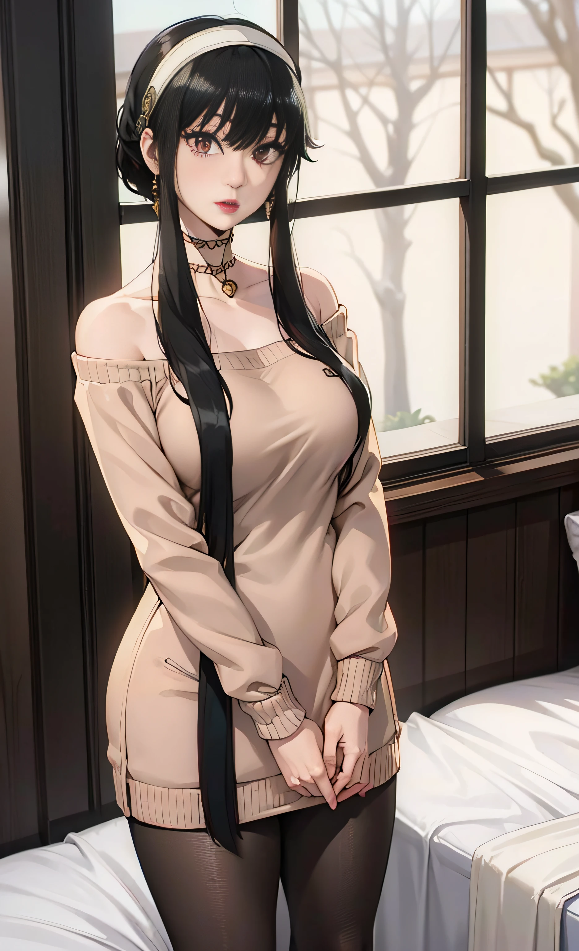 Super beautiful shining eyes、Yor Briar,(long sidelocks ,Short hair, short hair with long locks:1.2), Bangs,Black Dress,Red Eyes,Gold Earrings,off-the-shoulder sweater, Red Sweater,鎖骨, Black hair , Straight hair,Mature Woman ,Black pantyhose , [thick thighs]