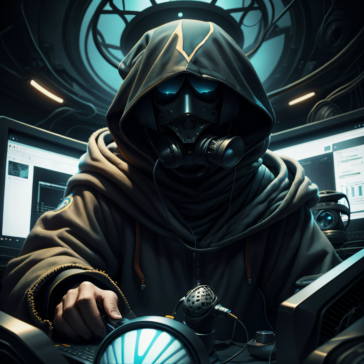 Strange hooded characters, With headset, And a microphone on his head, Narrate something in front of the computer