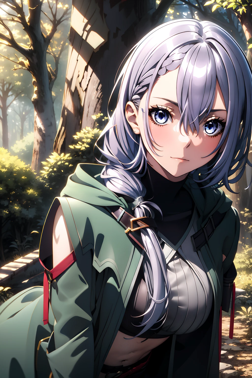 luna jacket, black shorts, thighhigh, silver hair, loose braid, beautiful face, forest background, (masterpiece:1.2), best quality, absurdres, extremely detailed wallpaper, perfect lighting, sunlight,