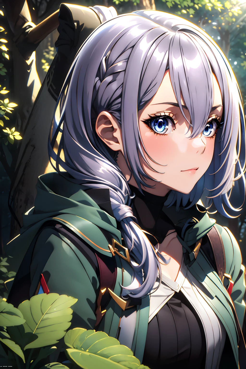 luna jacket, black shorts, thighhigh, silver hair, loose braid, beautiful face, forest background, (masterpiece:1.2), best quality, absurdres, extremely detailed wallpaper, perfect lighting, sunlight,