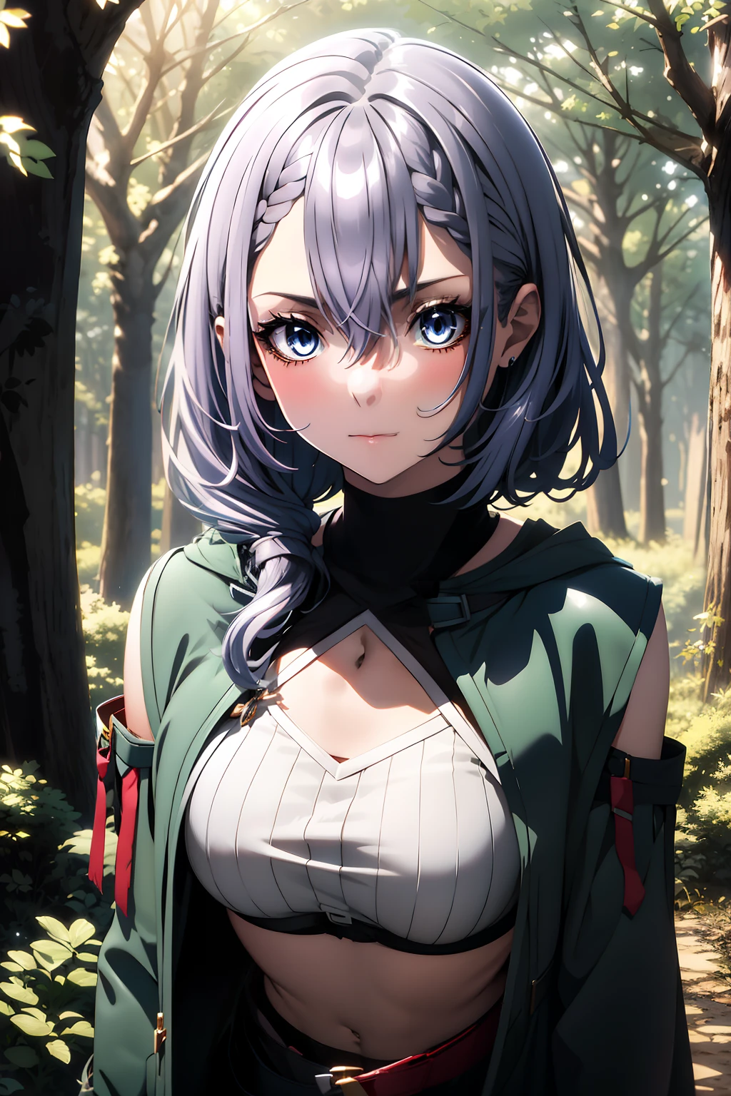 luna jacket, black shorts, thighhigh, silver hair, loose braid, beautiful face, forest background, (masterpiece:1.2), best quality, absurdres, extremely detailed wallpaper, perfect lighting, sunlight,